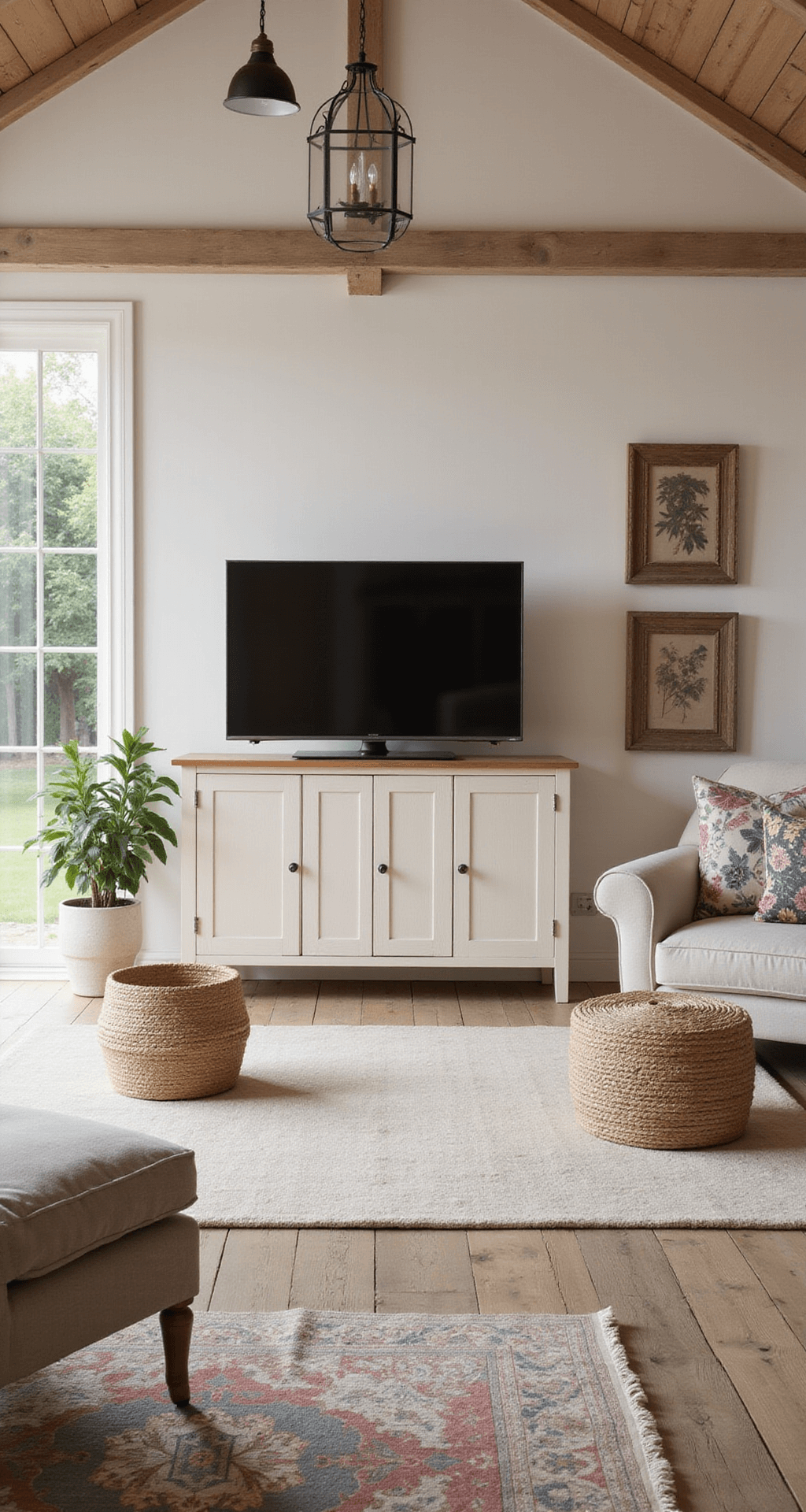 Knusse woonkamer met balkenplafond, robuuste tv-kast van verweerd hout, rieten manden, crème tinten en pastelkleuren, vintage accessoires, botanische prints en warme spotlighting.