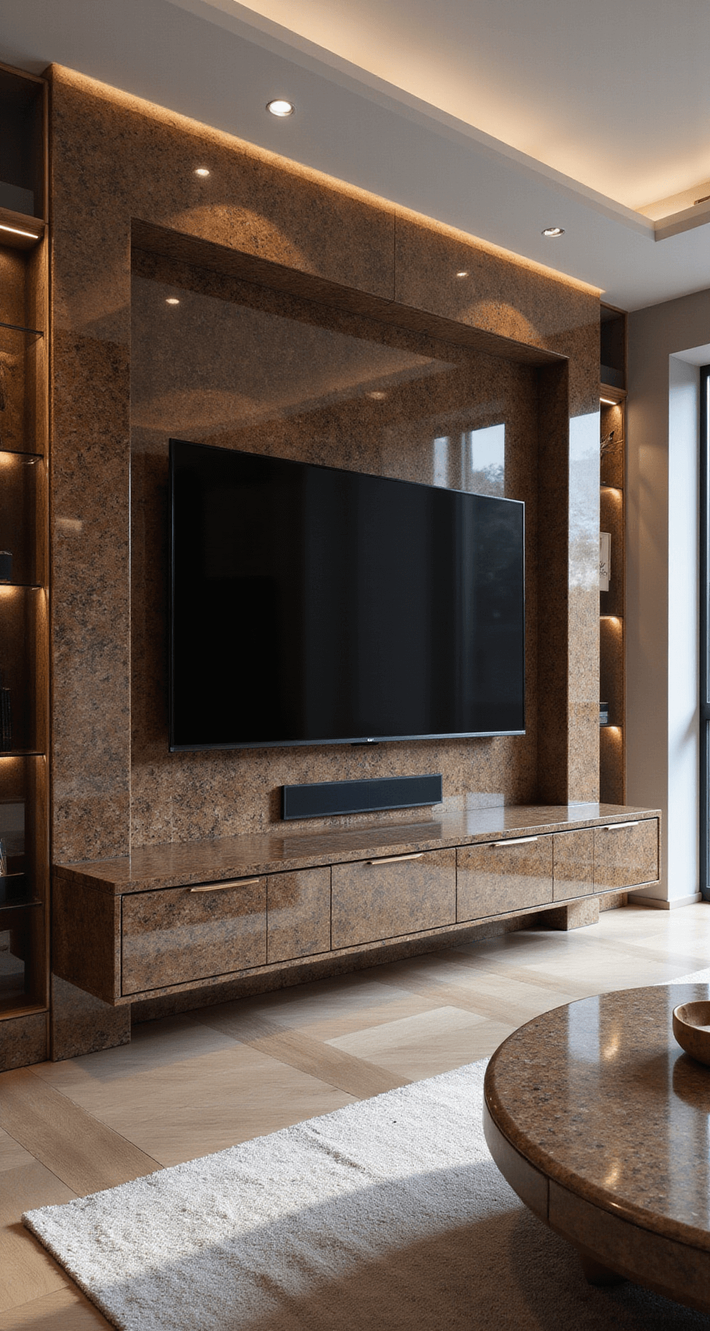 Luxe woonkamer met marmeren details, hoogglans cappuccino tv wand met gouden accenten, Italiaans design meubilair, glazen vitrinekasten met LED, rijke materialen zoals fluweel en geborsteld metaal, sfeervolle avondverlichting en dramatische belichting.