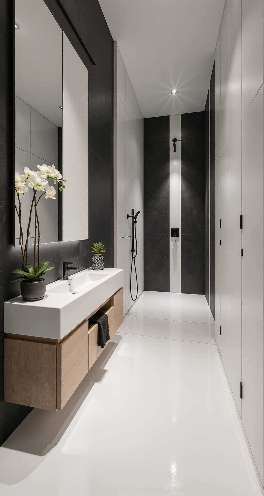 Minimalistische badkamer met witte epoxy gietvloer en zwarte kranen, licht eiken meubels, verticale witte wandtegels in visgraatpatroon, zwevende planken met witte orchideeën, en verzonken LED-strips, vastgelegd vanuit een wide-angle shot bij de deur met dramatische schaduwlijnen.