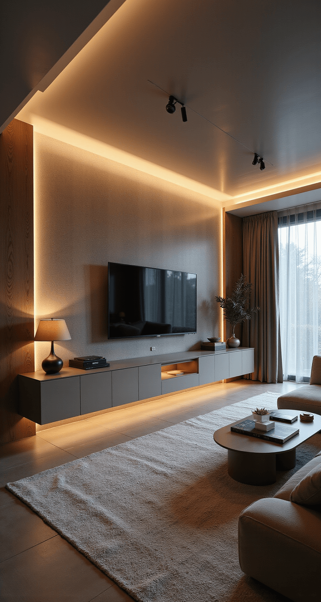 Een ruime woonkamer met hoge plafonds, modern antracietgrijs TV meubel met LED-sfeerhaard, diffuus licht van hoge ramen accentueert de vlammen. Licht eikenhouten vloer, beige bank, koperen accessoires, plaids en geometrische kussens creëren een warme, luxe sfeer.