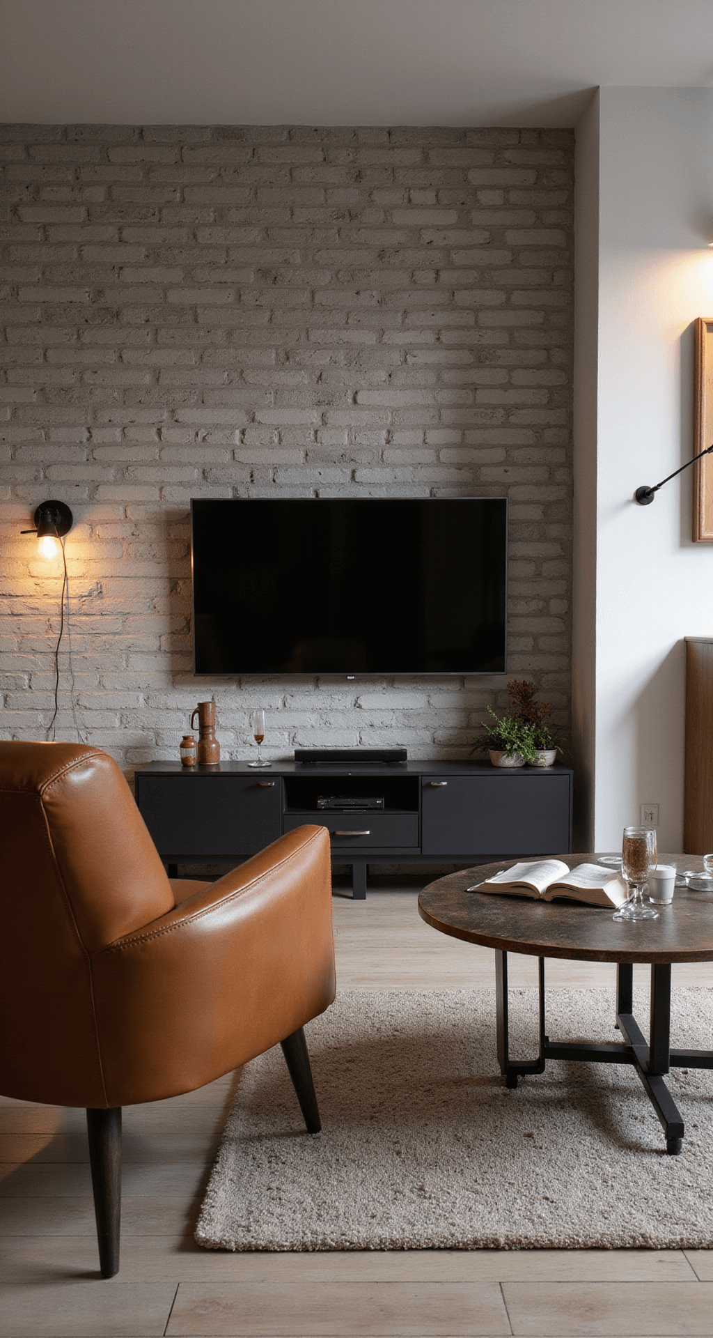 Compacte woonkamer met industriële uitstraling, featuring een gashaard-TV-combinatie van zwart staal tegen een blootliggende bakstenen muur, cognackleurige leren fauteuils en warmere spotverlichting.