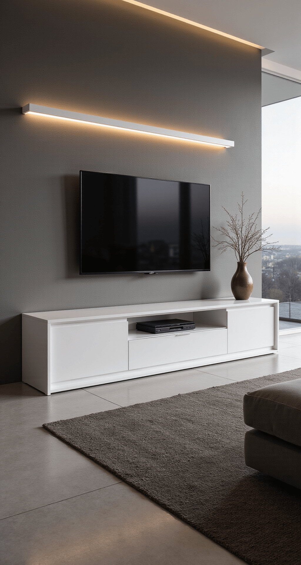 Minimalistisch penthouse-interieur met een zwevend wit TV-meubel en een moderne elektrische haard. Panoramaramen tonen stadslichten tijdens zonsondergang. Een modulaire grijze loungebank en een marmeren salontafel completeren het geheel in een strak, monochroom kleurenpalet met zilver accenten. Breed perspectief vanaf de entree.