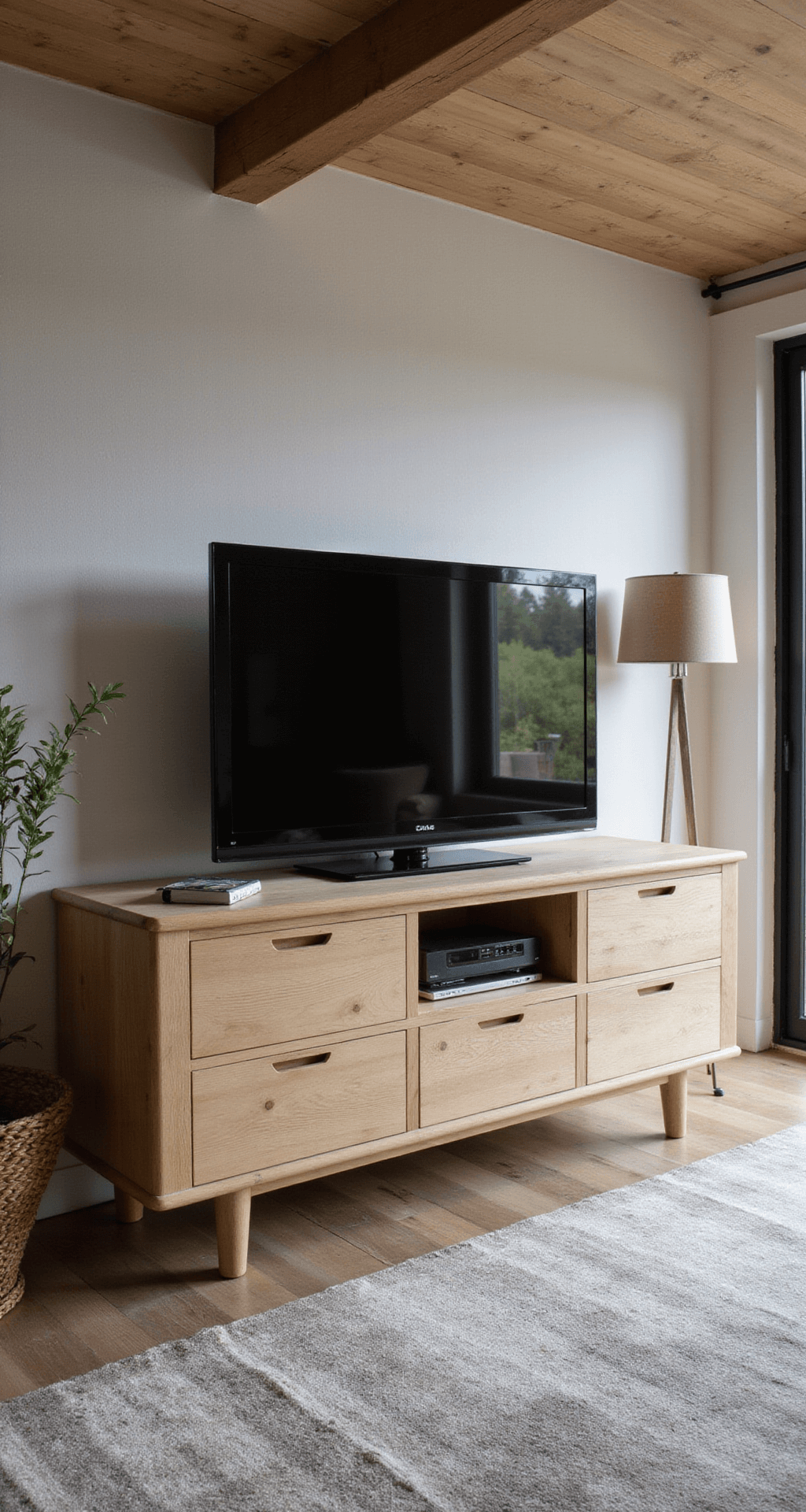 Landelijke woonkamer tijdens het gouden uur met een robuust eiken TV-meubel en klassieke elektrische haard. Balkenplafond en kalkstenen vloer. Linnen banken in natureltinten, rieten manden en vergrijsd houtwerk. Velours gordijnen en botanische prints, gefotografeerd vanuit een intiem standpunt in de zithoek.