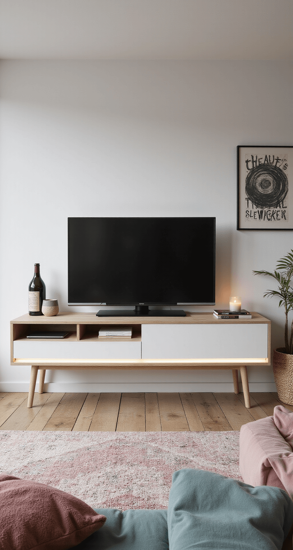 Scandinavische woonkamer bij ochtendlicht met lichtgrijs TV-haarmeubel en minimalistische LED-haard, witgekalkte muren en visgraat parket, design loungestoelen in pasteltinten, grafische textielkunst, berken accessoires en keramiek in aardetinten, sereen en licht.