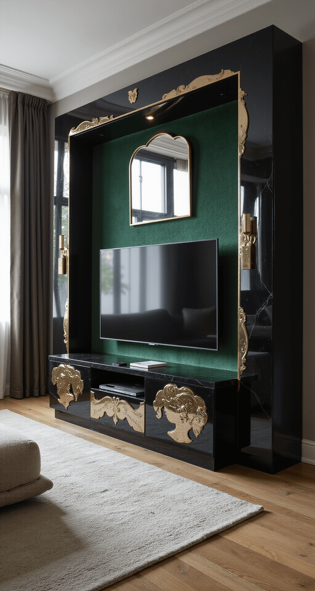 Art deco geïnspireerde avondkamer met een luxe hoogglans zwart TV-meubel, gouden elementen, donkergroene velours wandbekleding, geometrische patronen en kristallen verlichting, vastgelegd vanuit een dramatisch laag standpunt.