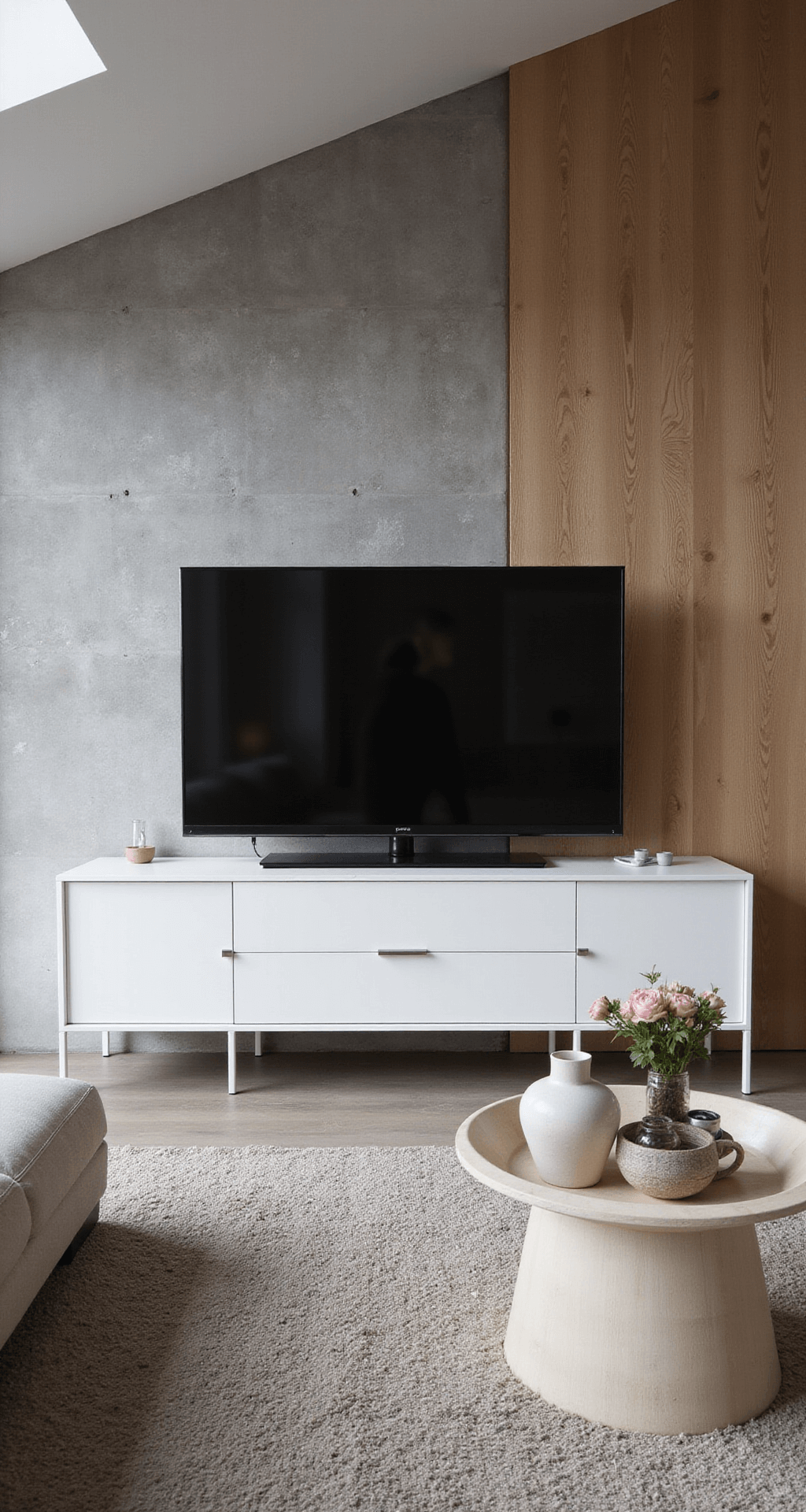 Moderne woonkamer met grote raampartij, minimalistisch wit tv-meubel aan antracietgrijze muur, hoog designvaasje met pampasgras links en geometrische messing objecten rechts, in neutrale kleuren. Lage camerahoek focust op textuurcontrast tussen mat en glanzend, met zachte verlichting en rustige sfeer.