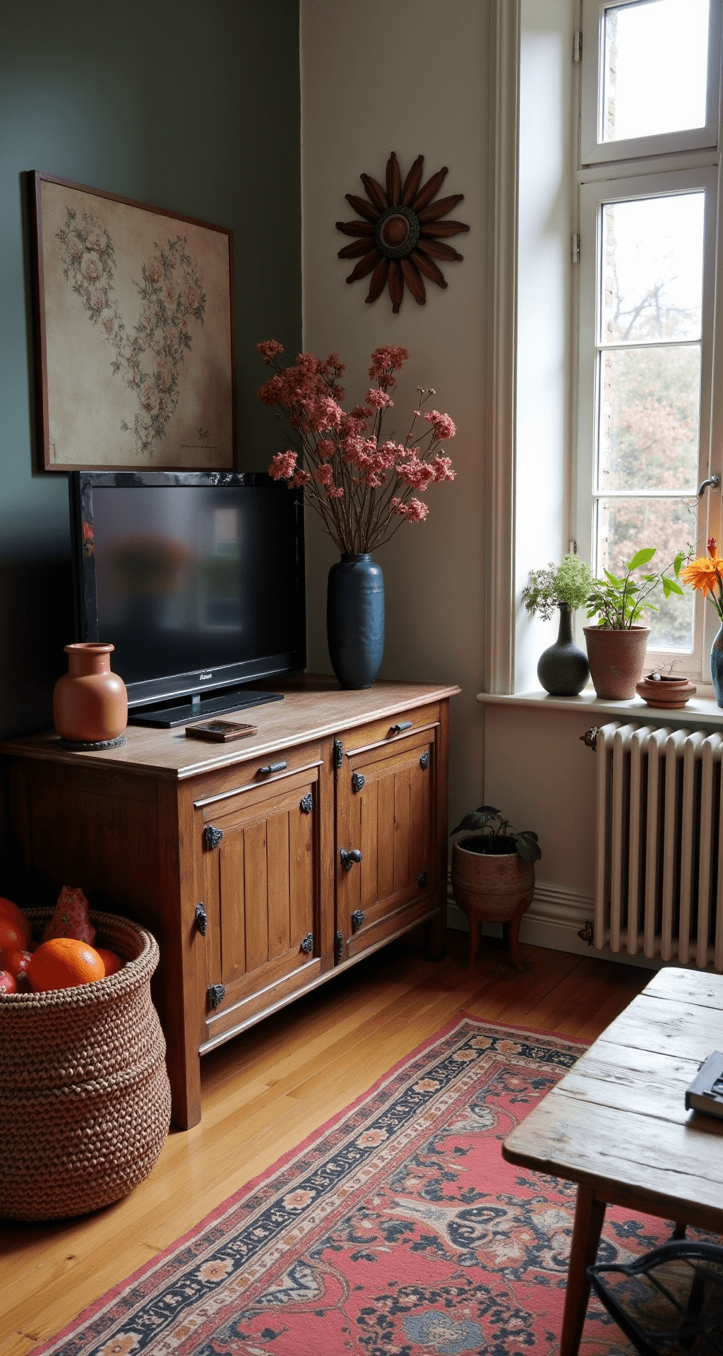 Knusse jaren '30 woonkamer met erker in gouden avondlicht, vintage houten tv-meubel met patina, bohemian styling met handgeweven kleed, Marokkaanse lantaarns en gedroogde bloemen in terracotta vazen. Warme kleuren van roest, oker en indigo. Camera-instelling vanuit de hoek, ooghoogte, met nadruk op layering en vintage details, creëert een romantisch en nostalgisch gevoel.