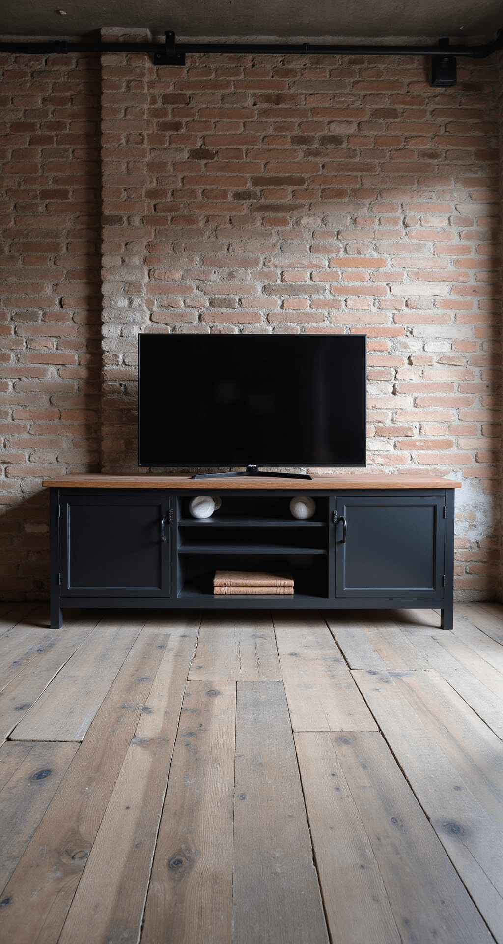 Industrieel loftinterieur met een betonnen plafond, ochtendlicht door een dakraam en een zwart stalen tv-meubel met open vakken, versierd met verweerde leren boeken, koperen objecten en zwarte keramiek, met sterke contrasten tussen ruw en glad in een kleurenpalet van zwart, cognac en koper.