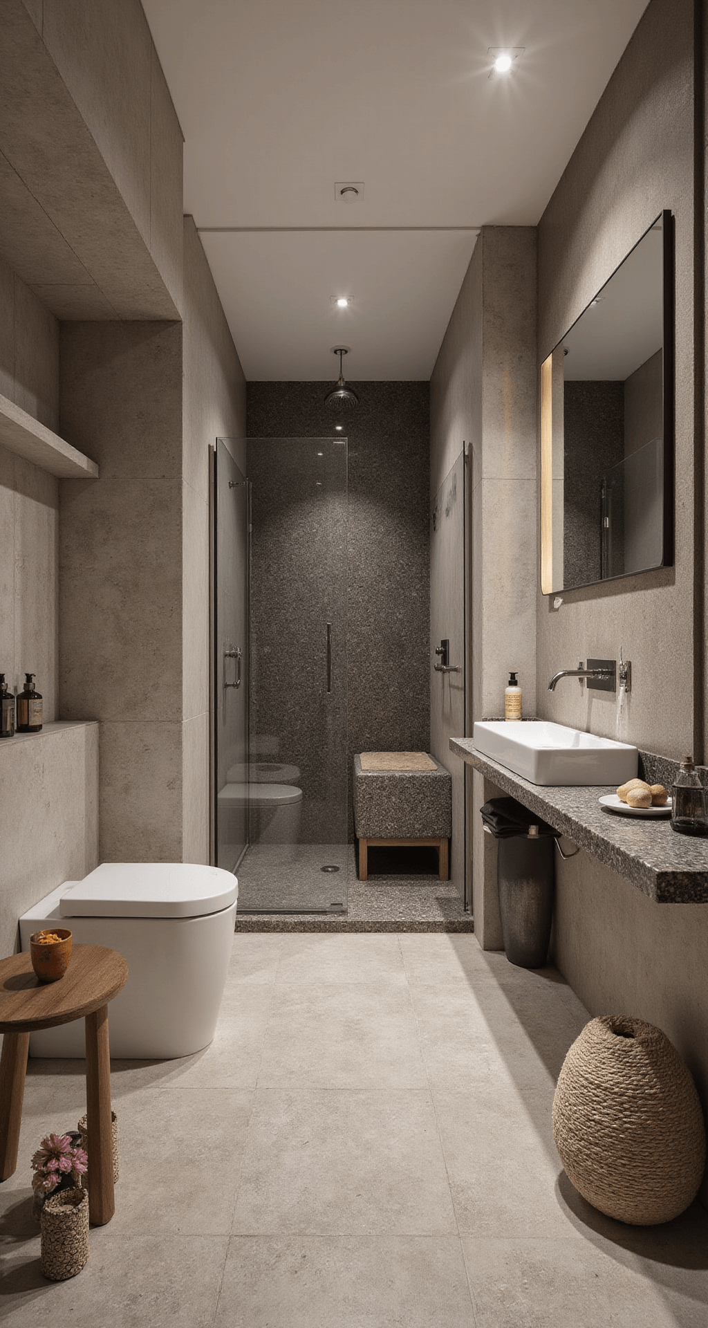 Wellness-geïnspireerde badkamer met natuurstenen vloer, ingebouwde sauna, dubbele regendouche, zwevende terrazzo wastafel en koperen handdoekrekken, gefotografeerd in schemerlicht met sfeervolle accentverlichting.
