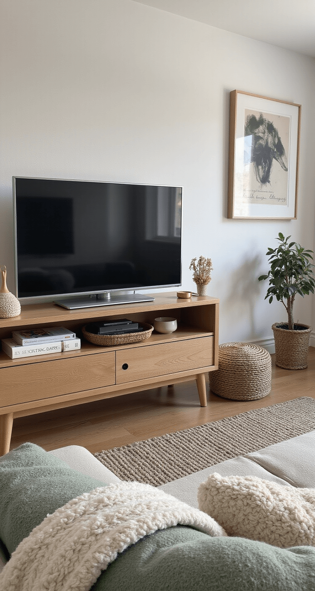 Scandinavische woonkamer met visgraat parket, diffuus middaglicht. Licht eiken tv-meubel met rieten deurtjes, sfeervol gestyled voor de herfst met plaids, keramische pompoenen en kaarsen in natuurtinten van zand, taupe en sage groen, gefotografeerd vanuit een hoek van 45 graden met nadruk op texturen en een hygge sfeer.