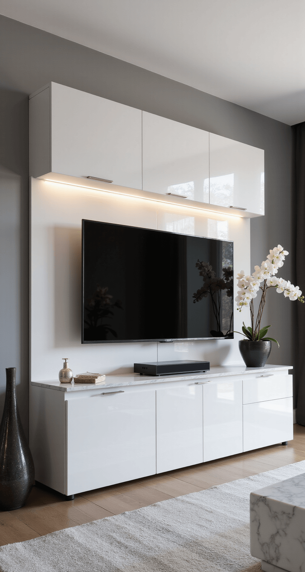Moderne woonkamer van een villa met vide, schemerige namiddaglicht, hoogglans wit tv-meubel met LED-strip, luxe marmeren decoraties en orchideeën in glazen vazen, monochromatisch kleurenpalet van wit, grijs en zilver, gefotografeerd vanaf de trap.