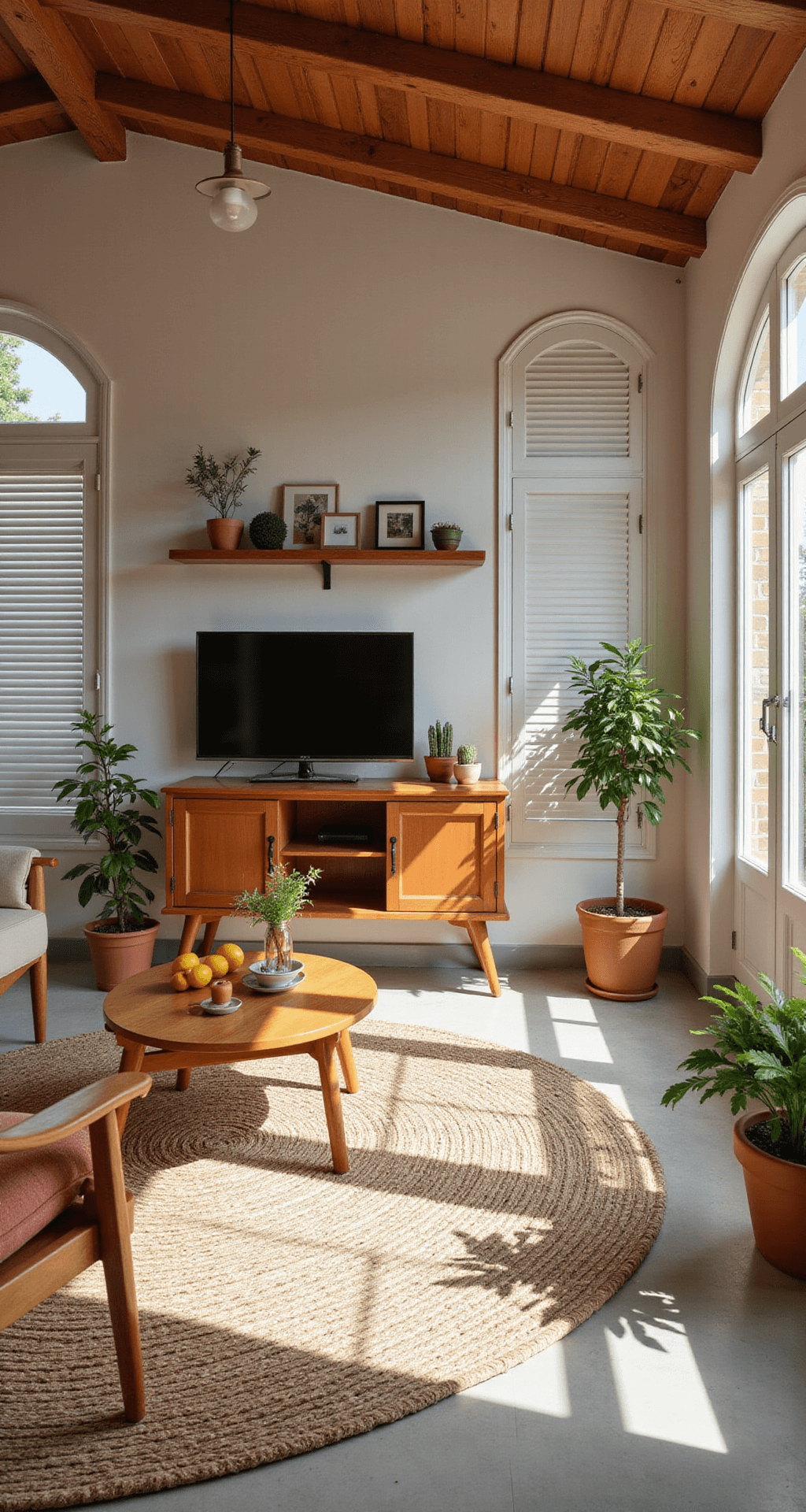 Mediterrane woonkamer met balkenplafond en middagzon die door de shutters valt, accentueert het robuuste olijfhouten tv-meubel en de zuidelijke styling met terracotta potten, gevlochten manden en citrusplanten, alles in warme aardse kleuren.