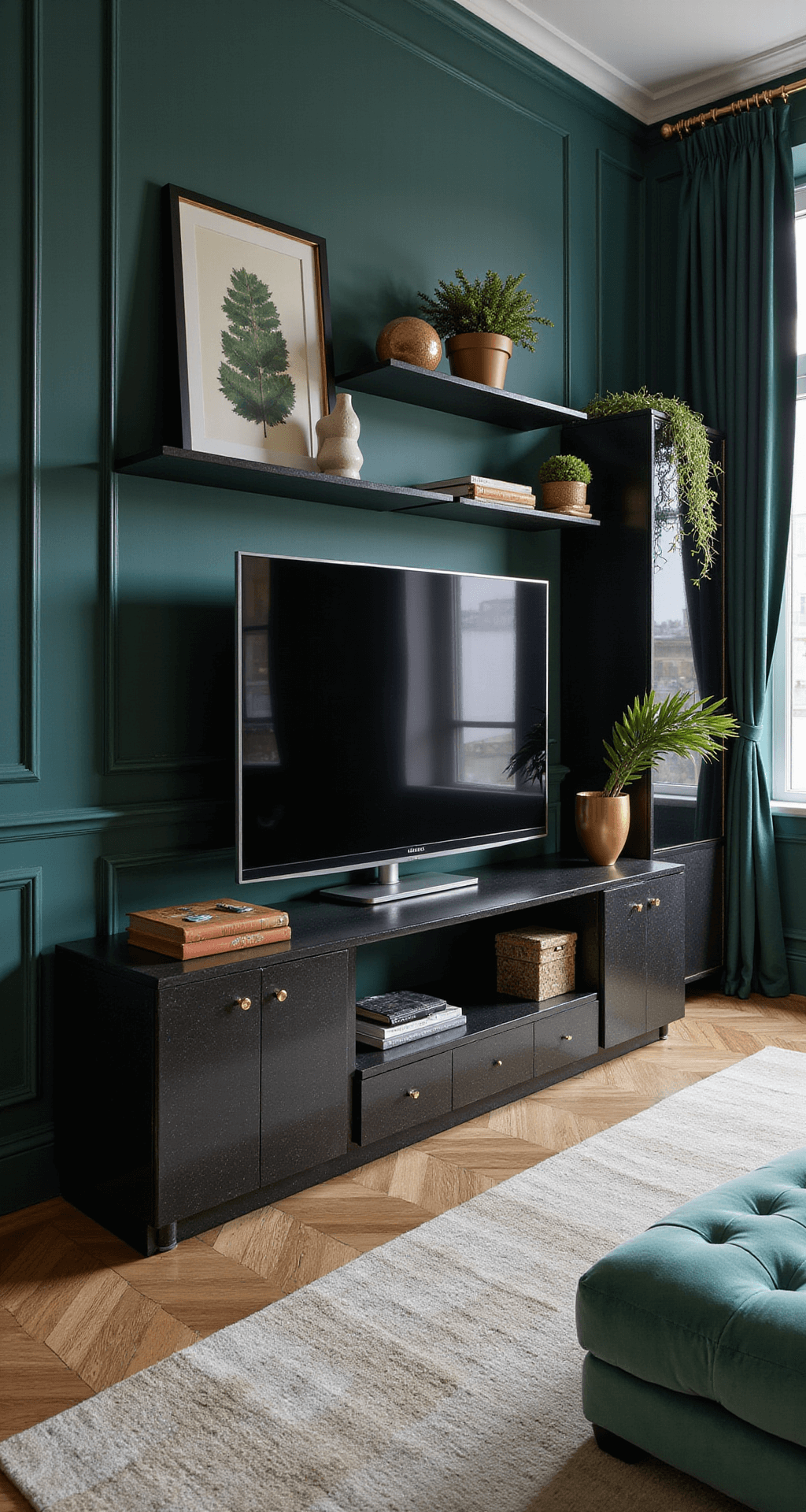 Art deco geïnspireerde zitkamer in avondschemering met sfeerverlichting, zwart gelakt tv-meubel met gouden details, luxe styling met glazen vazen en velours kussens, en dramatische kleuren zoals petroleumblauw, goud en diep groen, gefotografeerd vanuit het midden met nadruk op symmetrie.