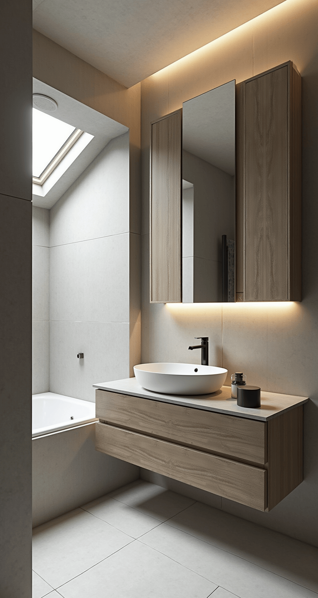 Moderne badkamer met hoog plafond, ochtendlicht, matglazen raam, betonlook tegels in warmgrijs, vrijstaand ovalen bad in mat wit, zwarte badkraan, eiken houten badkamermeubel met dubbele wastafel en grote spiegelwand met indirecte LED-verlichting, sereen en uitnodigend.