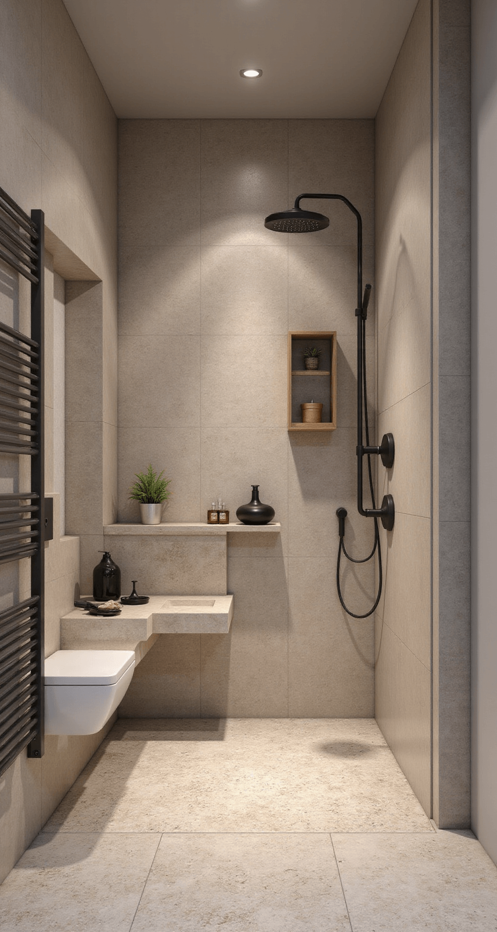 Intieme badkamer met warme dimbare verlichting, terrazzo vloertegels in beige/grijs, inloopdouche met glazen wand en matzwarte regendouche, zwevend eiken badmeubel met witte waskom, houten wandplanken met handgedraaide potten en aromatische oliën, gefotografeerd vanuit laag standpunt.