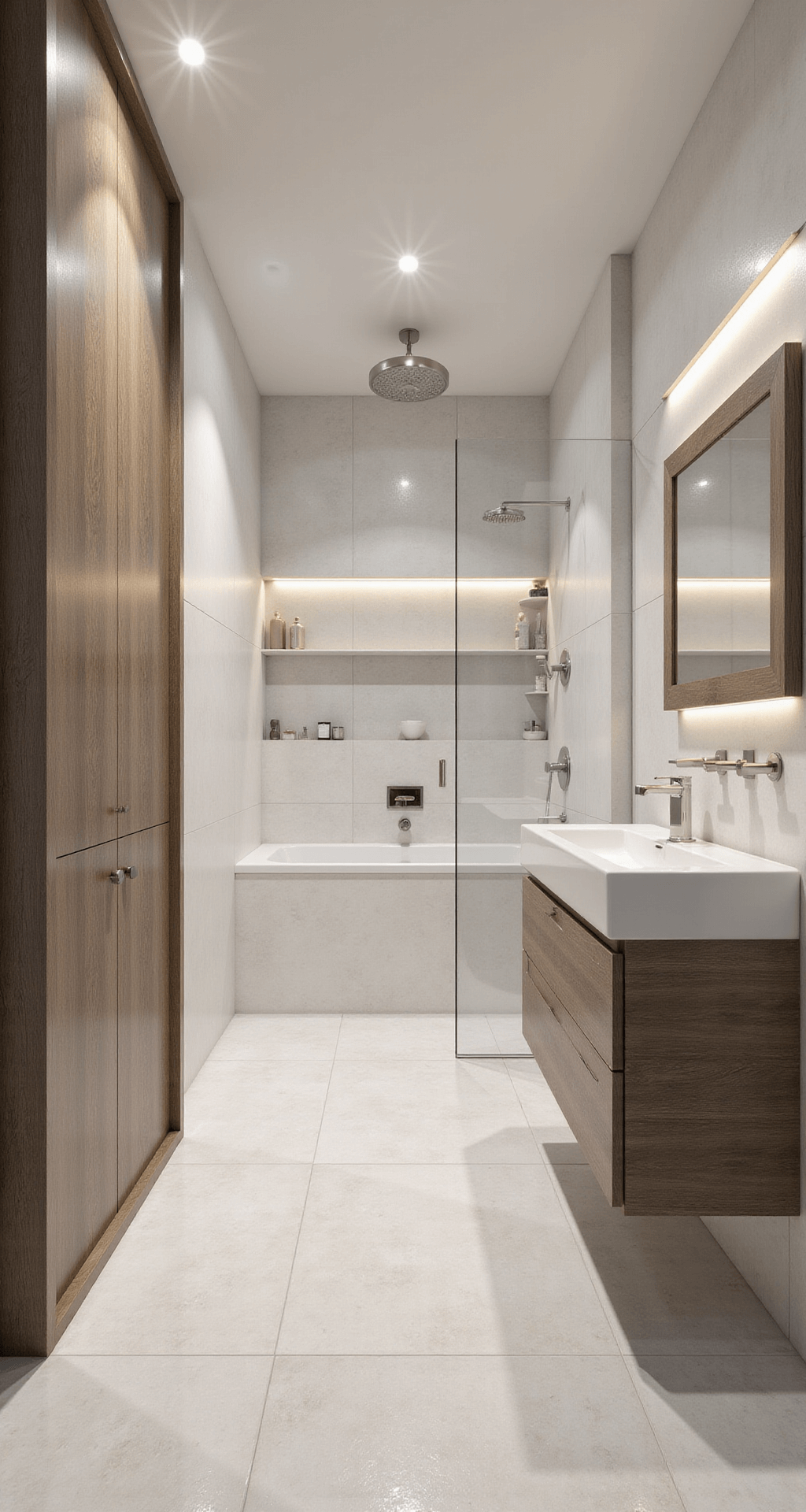 Moderne gezinsbadkamer met grote raampartij en privacyglas, romig witte wandtegels, warmgrijze natuurstenen vloer, dubbele inloopdouche met LED-verlichting, maatwerk badkamermeubel in gerookt eiken met dubbele wastafel en gouden accenten.
