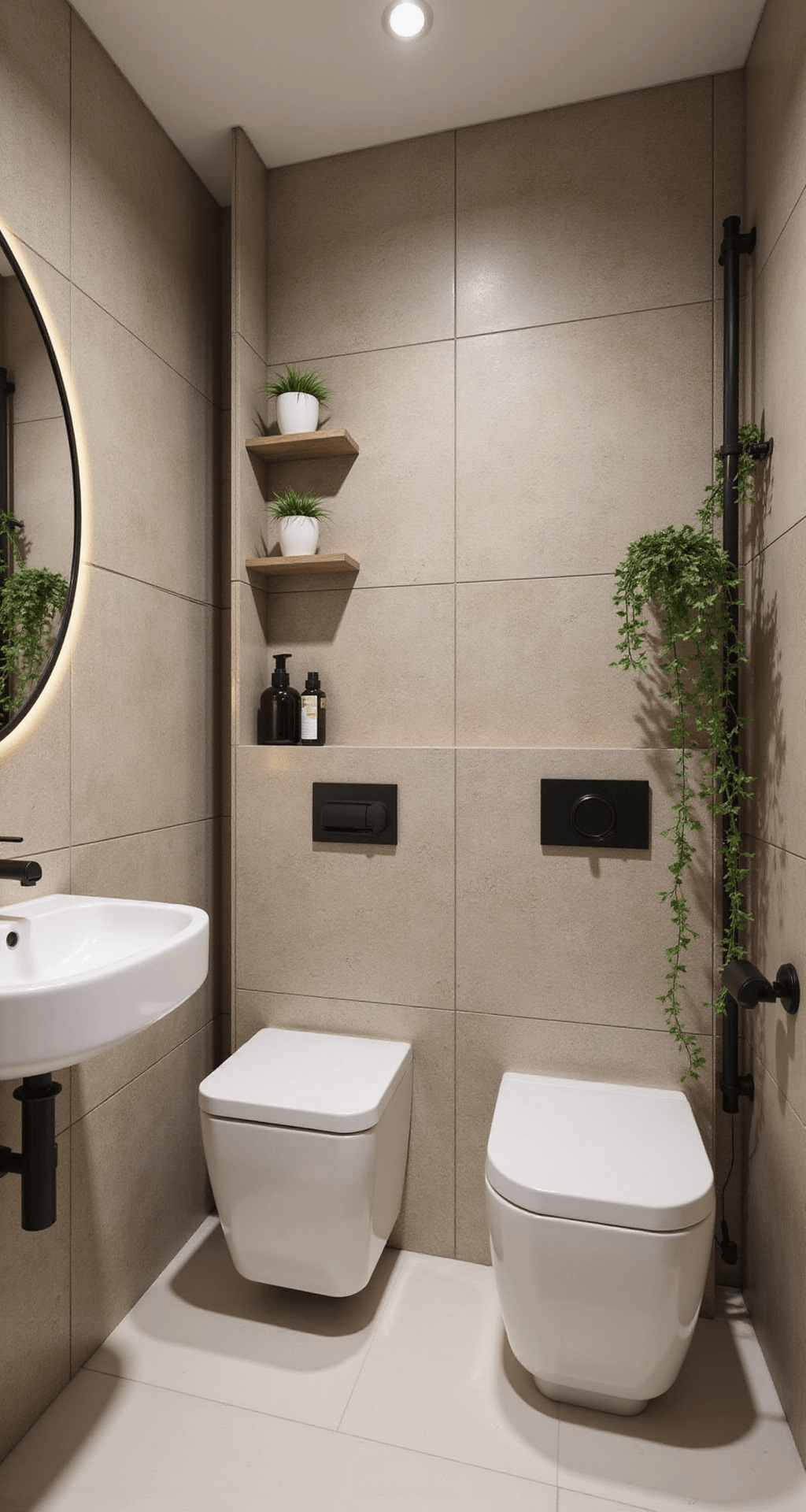 Compacte badkamer (2.5x2m) in ochtendschemering met zachte beige wandtegels, zwevend toilet, inbouwreservoir, en indirecte verlichting. Notenfineer badmeubel, ronde spiegel met LED-verlichting, en matzwarte accessoires. Hangplanten in de hoeken creëren een knusse, warme sfeer.