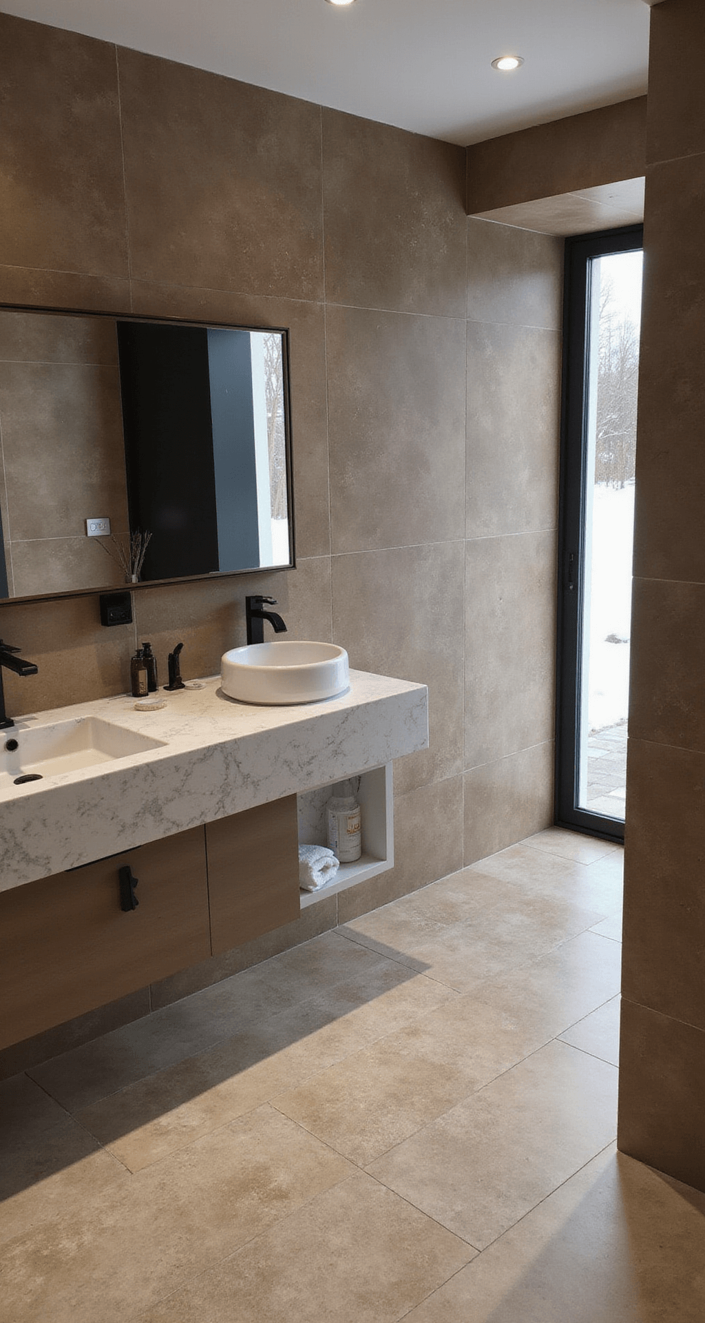 Luxe masterbadkamer met grote betonlook vloertegels, vrijstaand ovaal bad onder dakraam, custom made donker eiken badmeubel met marmeren wastafels, en inloopdouche met geborsteld gouden kranen, vastgelegd vanuit een dramatisch laag standpunt tijdens het gouden uurtje.