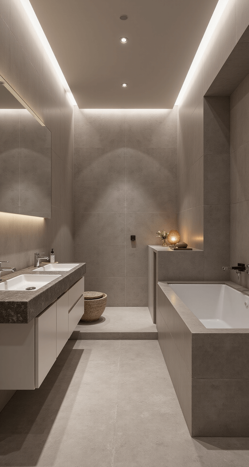 Moderne spa-badkamer van 4x4m met warmgrijze microcement wanden, inloopdouche met natuurstenen mozaïek, zwevend licht eiken badmeubel met dubbele terrazzo wasbakken en grote rechthoekige spiegel met dimbare verlichting, sfeervolle avondsfeer.