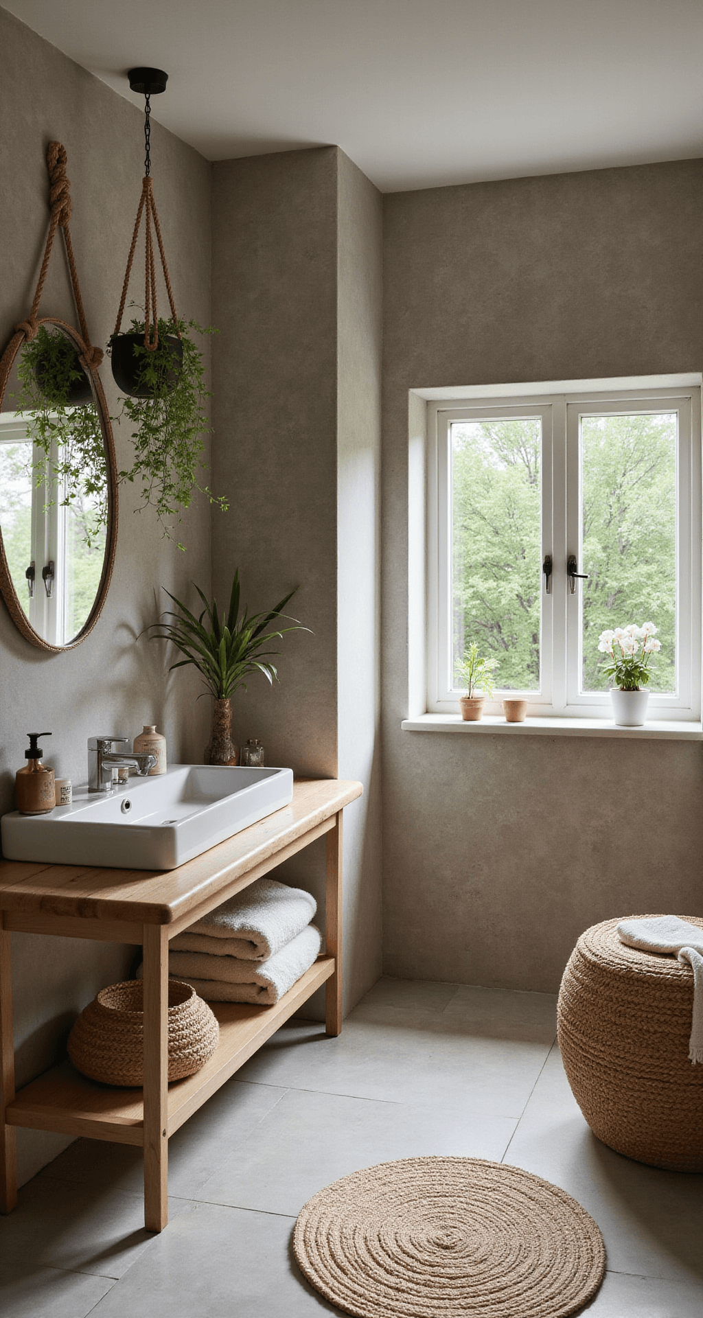 Eco-bewuste badkamer met bamboe vloerdelen, lichtgrijze betonciré wanden, gerecycled glazen wastafel op eiken console, hangende macramé planten, geometrische spiegels en low-key natuurlijke verlichting.