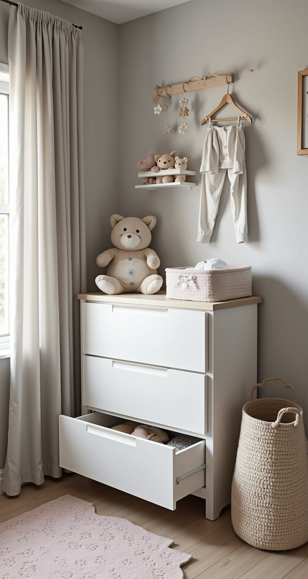 Een lichte babykamer met grote ramen, een witte IKEA Hemnes commode tegen een zachtgrijze muur, georganiseerde lade met doorzichtige bakjes en een zachtgeel verschoningskussen, sfeervol ingericht met een mobile, tapijt en wanddecoratie in pasteltinten.