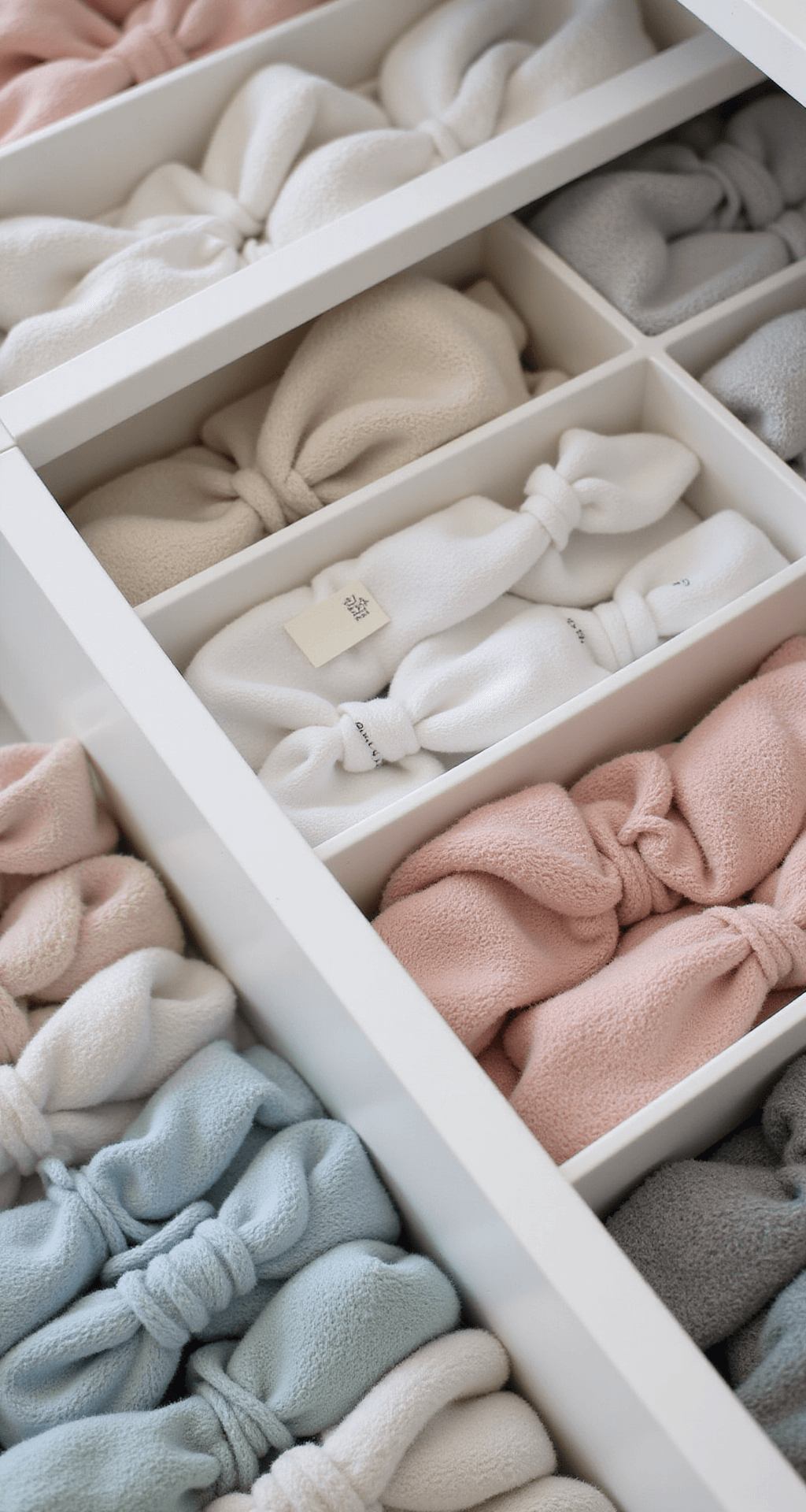 Close-up van een georganiseerde lade van de Hemnes commode met opgerolde babykleertjes in pastelkleuren, gescheiden door witte organizers en gelabeld op maat, verlicht door een zachte lamp.