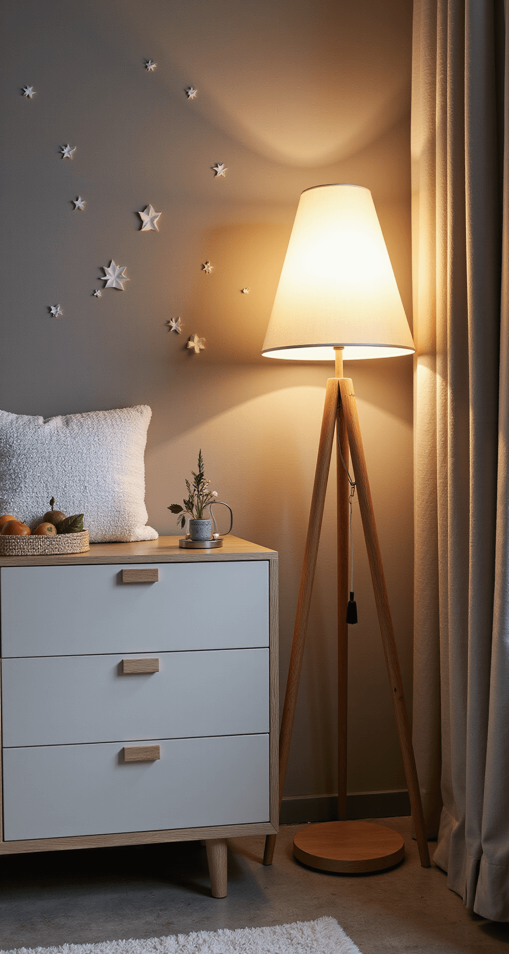 Avondscène van een babykamer met warm licht van een staande lamp, featuring een Hemnes commode tegen een muur met sterretjes. De onderste lade toont opgevouwen dekentjes en slaapzakjes, en naast de commode staat een rieten mand met seizoenskleding.