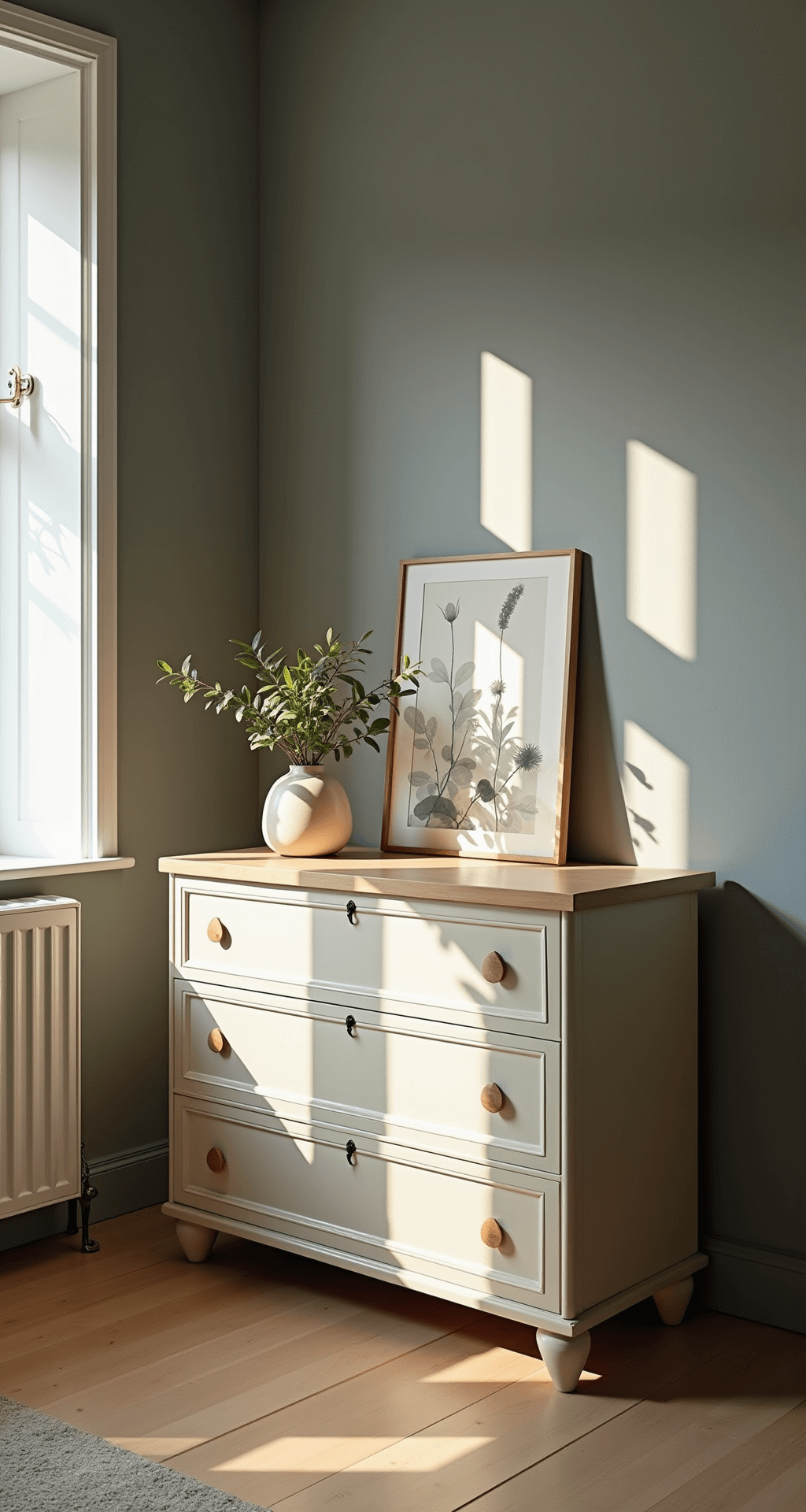 Ochtendshot van de verschoningshoek met een open Hemnes commode, zacht zonlicht door vitragegordijnen, perfect gestapelde luiers en billendoekjes in transparante bakjes, en een eucalyptusvaasje op de commode.