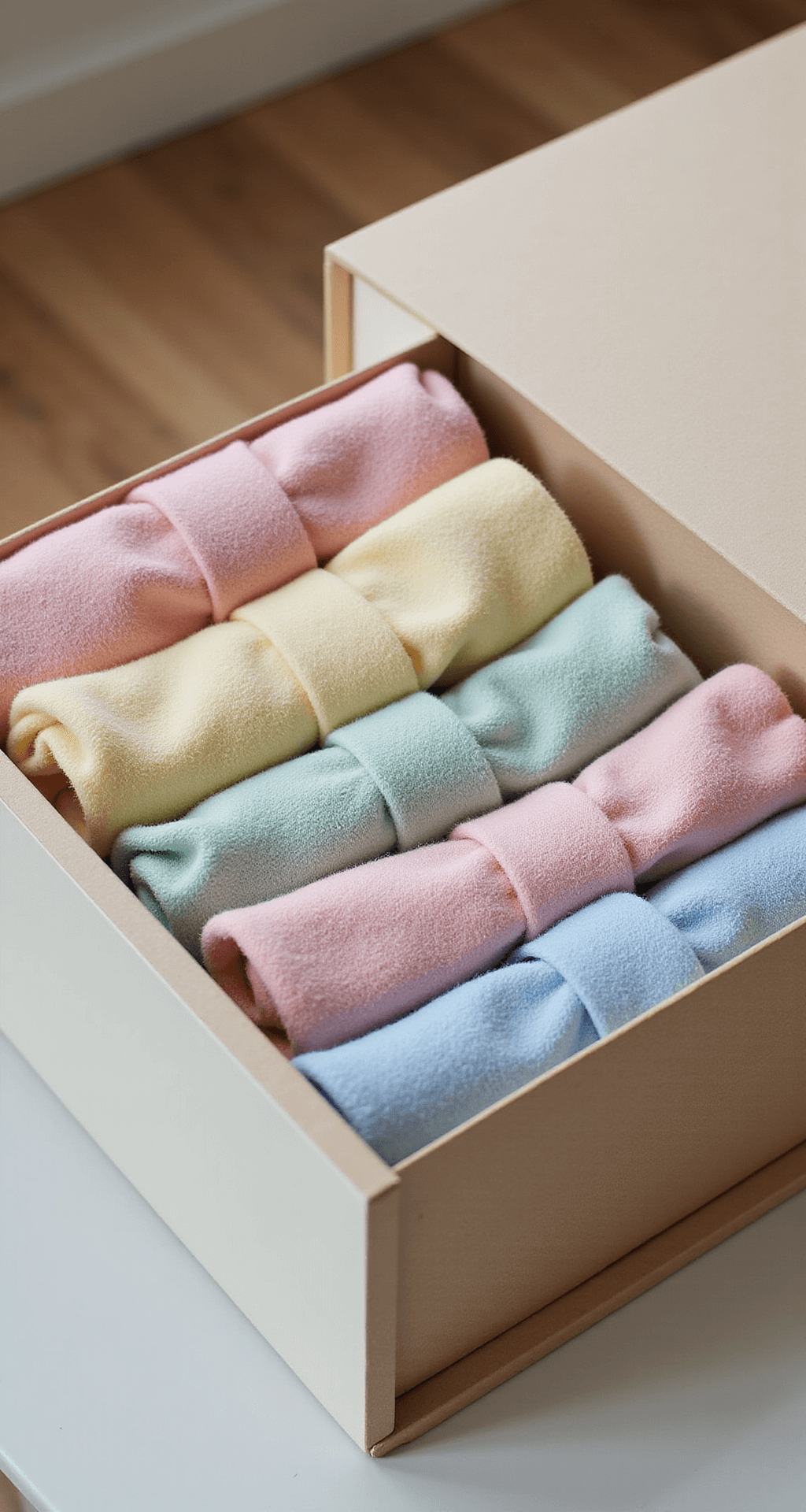 Close-up van een georganiseerde Hemnes lade met pastelgekleurde kleding, netjes gevouwen in de Marie Kondo-stijl, naast kleine bamboe bakjes met sokjes en haarbandjes.