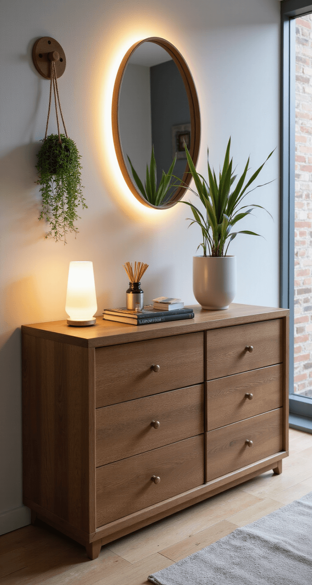 Avondsfeer met de Hemnes commode als focuspunt, alle lades gesloten, omringd door een grote wandspiegel, zachte wandlamp en hangende plantenmand, verlicht met warme LED-verlichting.