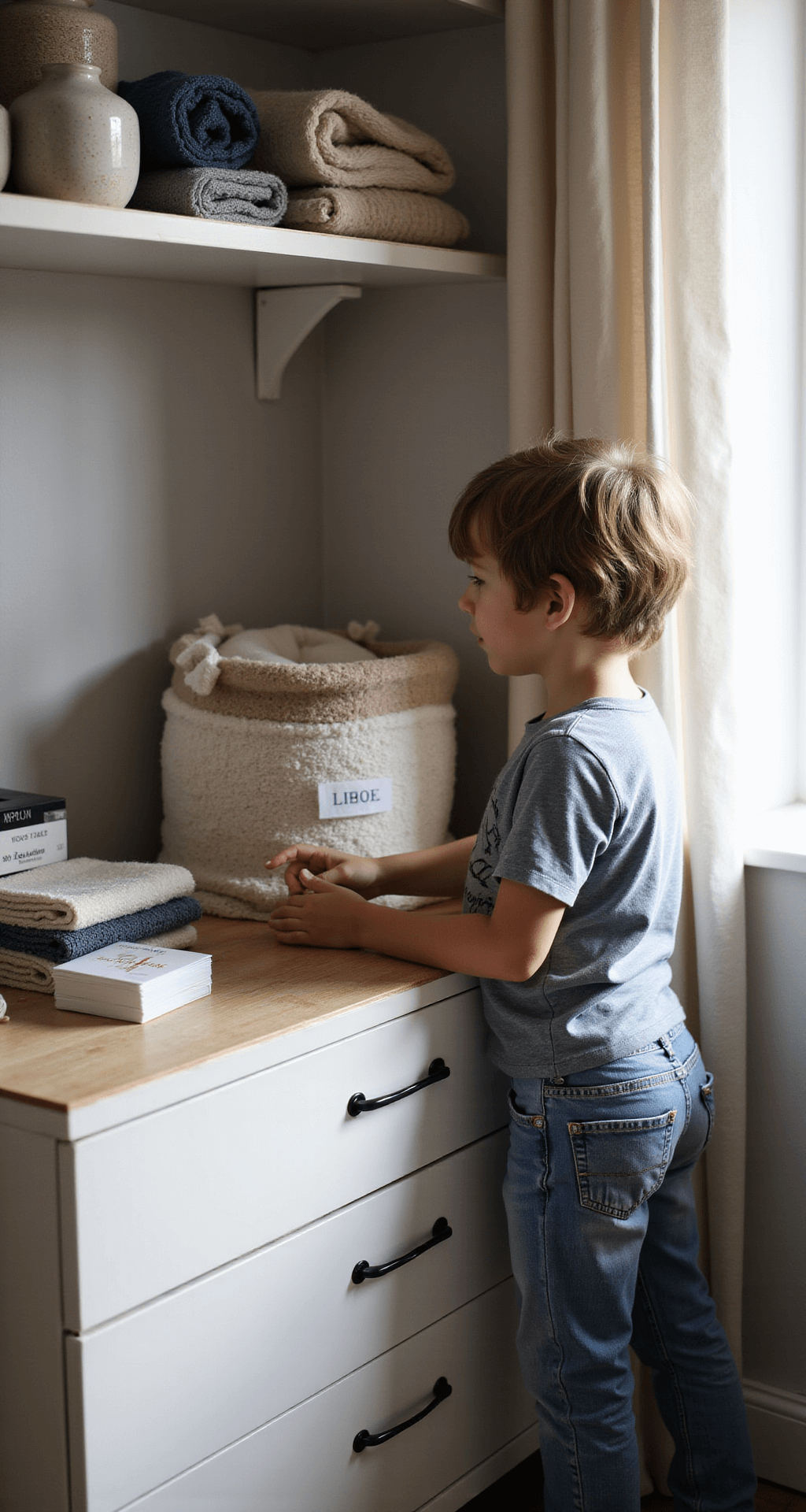 Ouder die de middelste lade van een commode opent, met slimme vakverdelingen en rolorganizers in zachtgrijs, terwijl natuurlijk licht op de witte afwerking valt. Kleertjes zijn gesorteerd op maat met duidelijke labels.