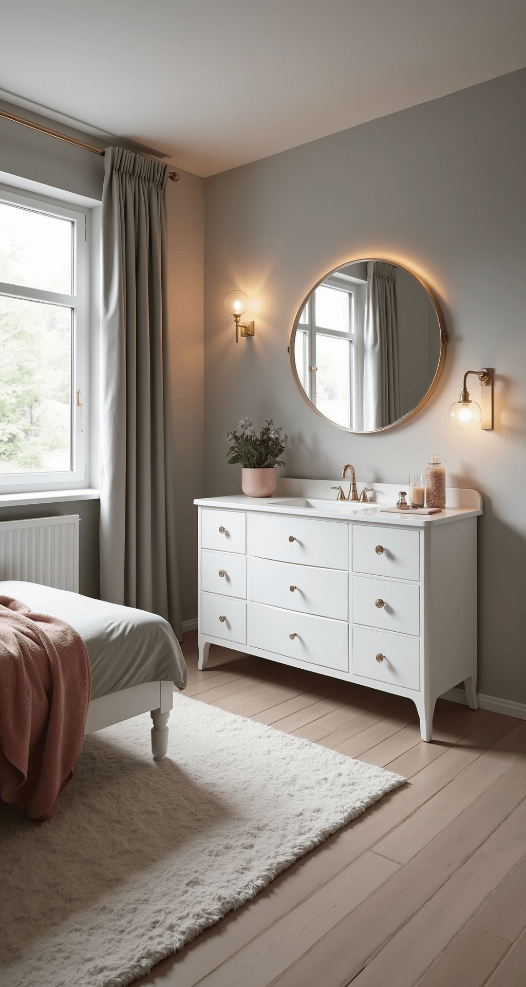 Ruime, lichte babykamer met hoge plafonds, een wit Romina-ledikant en een XL-commode, zachte gordijnen en roze accenten.