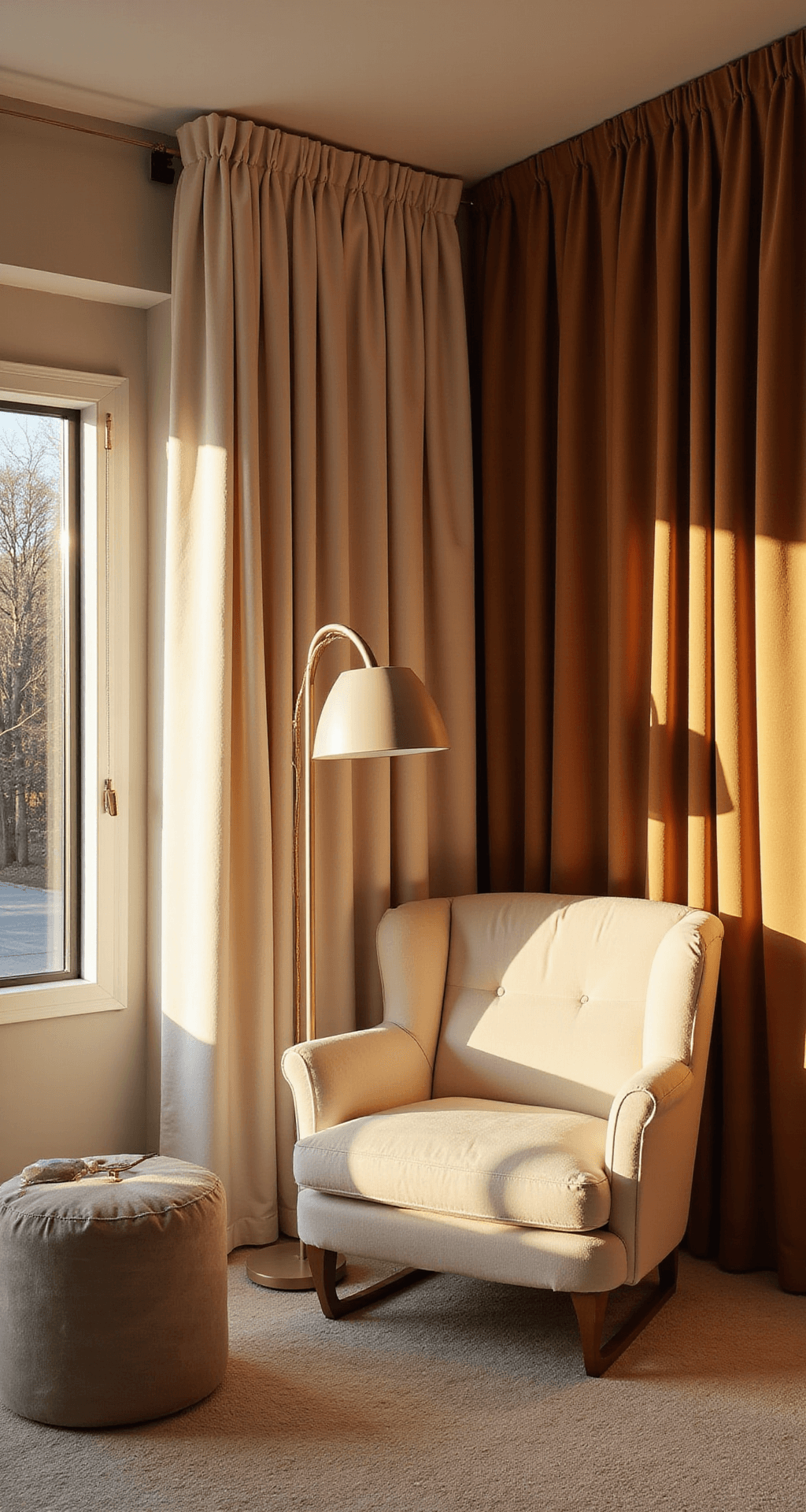 Intieme hoek van een moderne kinderkamer tijdens het gouden uurtje, met een crèmekleurige fauteuil en voetenbankje bij een groot raam, champagnekleurige velours gordijnen die warm avondlicht filteren, een handgeknoopt berberkleed in ivoor/goud, een messing vloerlamp, zwevende planken met designboeken en luxe speelgoed, en botanische prints in gouden lijsten.