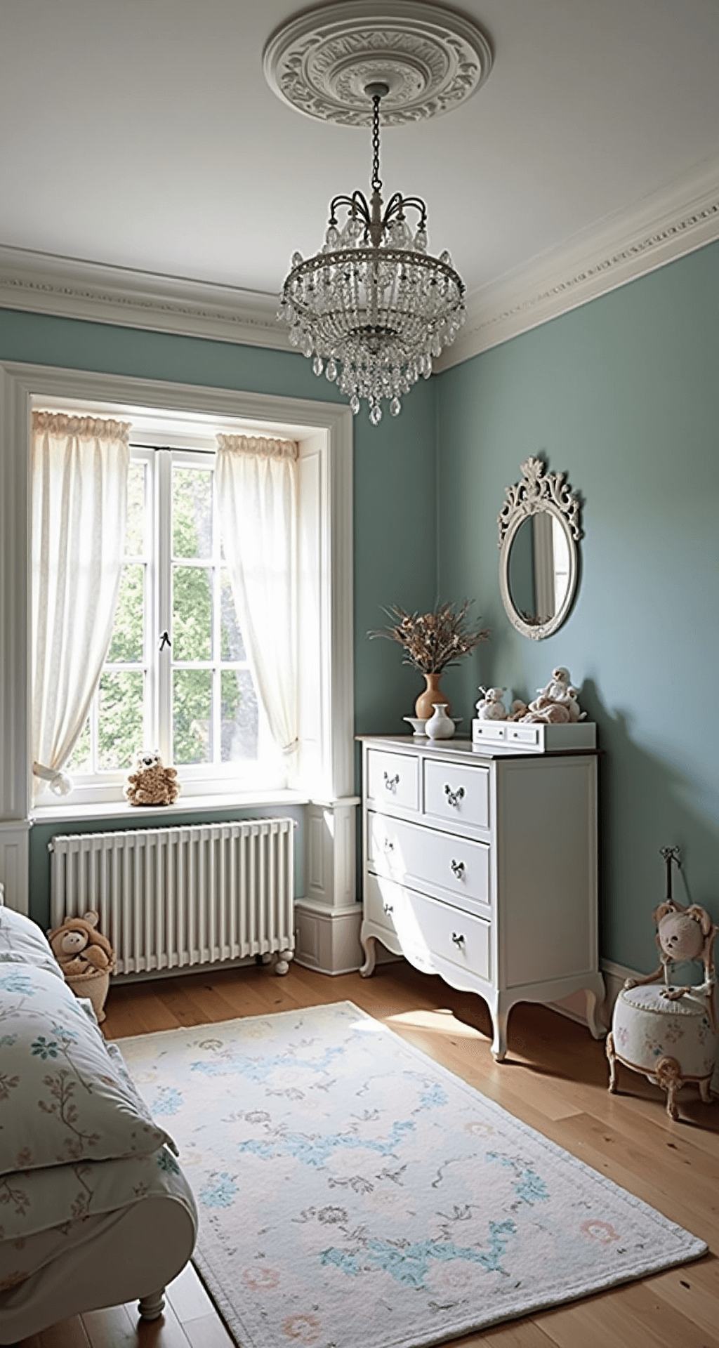 Een klassieke kinderkamer met luxe Franse details, waaronder een kroonluchter, een antiek wit ledikant, zachtblauwe muren, een vintage commode en een handgeweven Perzisch tapijt, gefotografeerd vanuit de deuropening met natuurlijk daglicht en kristallen reflecties.