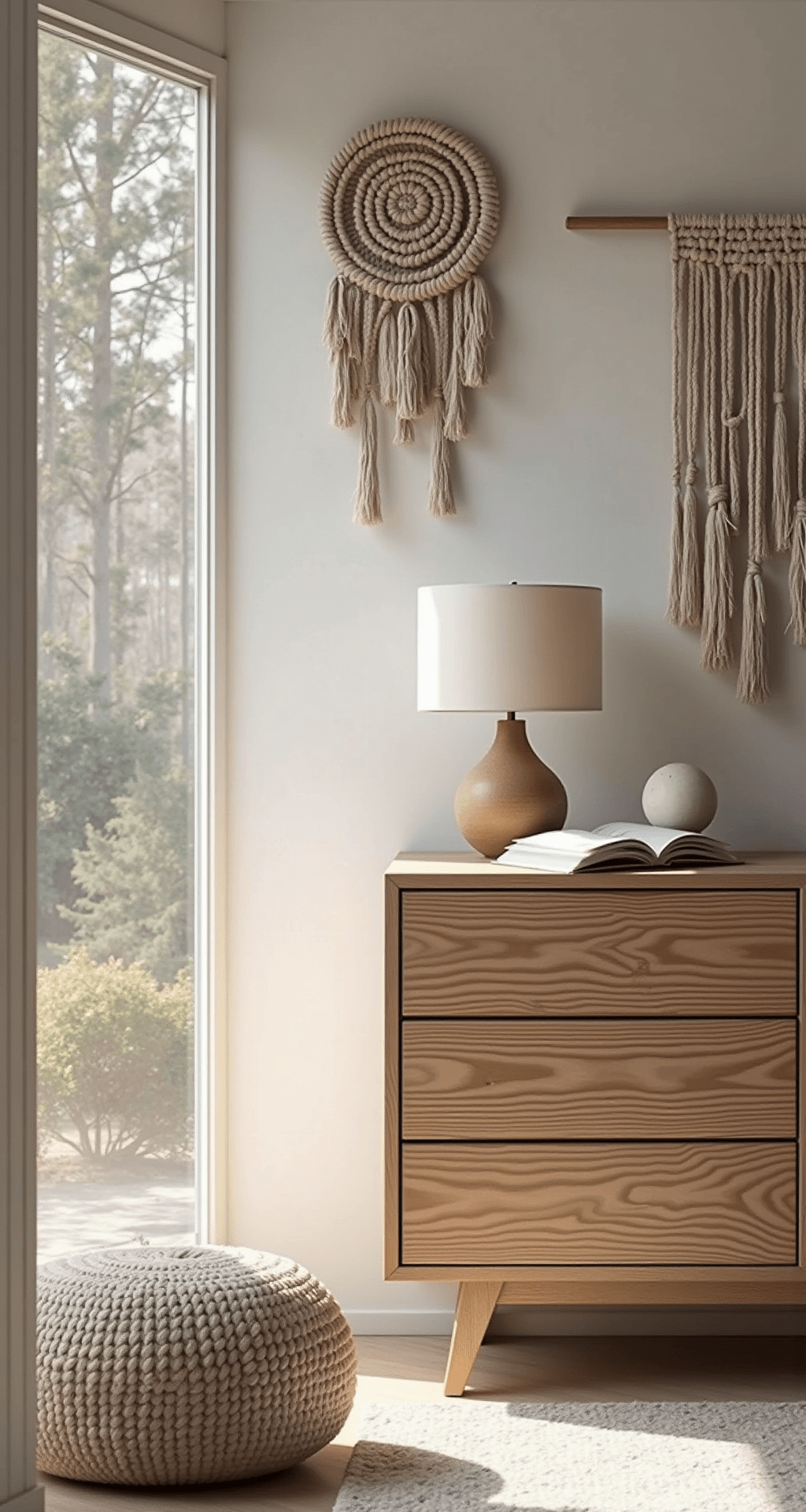 Scandinavische luxe kinderkamer in natuurtinten met massief eiken commode, rond gebleekt houten ledikant, zandkleurige linnen hemel, rieten lampenkap, macramé wanddecoratie en creatief wolken vloerkleed in créme/grijs, verlicht door diffuus noorderlicht.