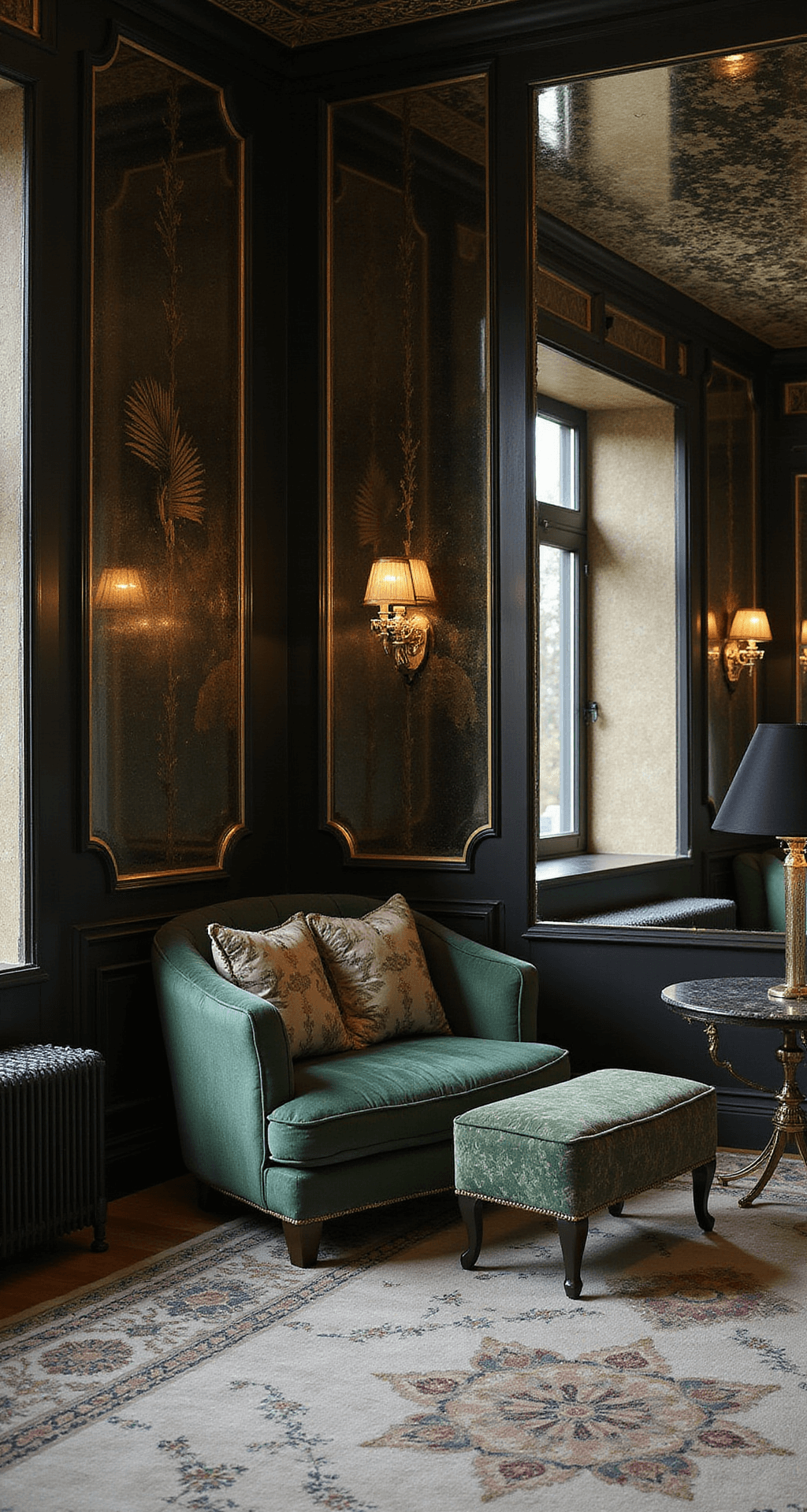 Art deco geïnspireerde babykamer met zwart-gouden palmprintbehang, smaragdgroene fluwelen fauteuil, messing ledikant met geometrische details, zwart marmeren bijzettafel, glazen kroonluchter met amber verlichting en gespiegelde wandpanelen, allemaal vastgelegd in een artistiek camerastandpunt via spiegelreflectie en avondverlichting.