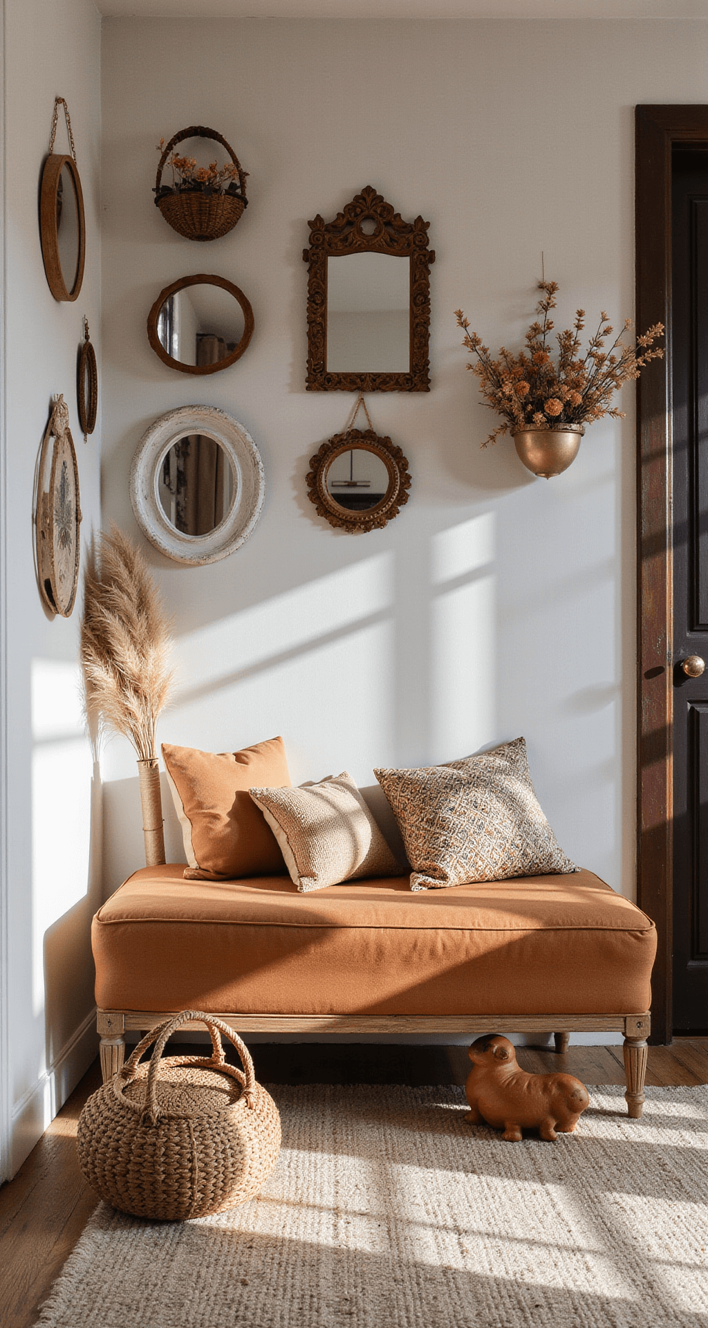 Bohemian luxe kinderkamer met vintage rotan ledikant, handgeknoopte Marokkaanse poef, verzameling vintage spiegels aan de gallery wall, dried flowers in terracotta vazen, en Kelim kussens in aardetinten, baadt in het zachte middaglicht.