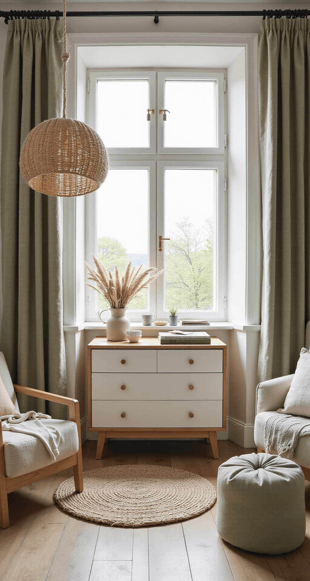 Lichte babykamer met witte meubels, grote ramen en warm ochtendlicht, verzorgde styling met natuurlijke kleuren en decoratieve elementen.