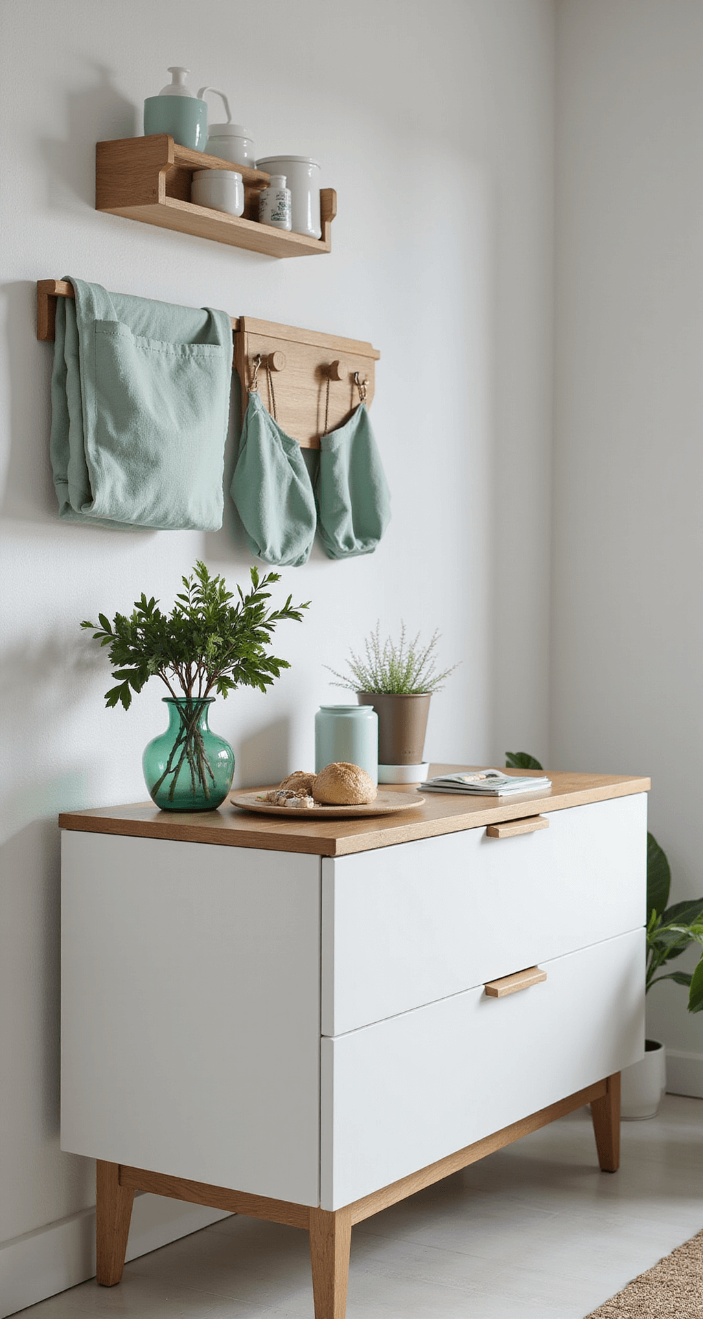 Compacte verzorgingshoek met ergonomische commode in wit en bamboe details, zwevende planken met glazen potten, mintgroene hangende organizer en diverse accessoires.