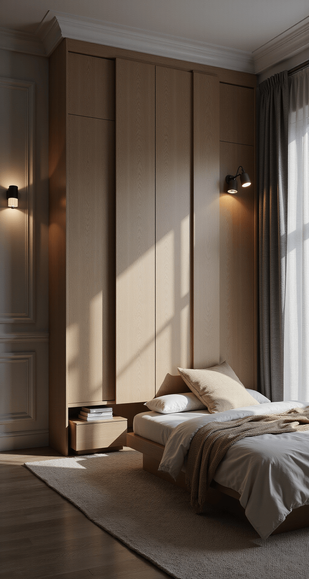Slaapzone van 3x3m met een dimmende avondverlichting, centraal geplaatst ledikant van natuurlijk berkenhout, zwevende nachtkastjes met ingebouwde verlichting, en een roomwitte opbergladekast met soft-close systeem. Het vogelperspectief toont een ruimtelijke compositie met een zacht tapijt, velours details, en mat houten elementen, gestructureerd met een mobiel van vilten sterren, gelaagd bedlinnen en zachte wandlampen.