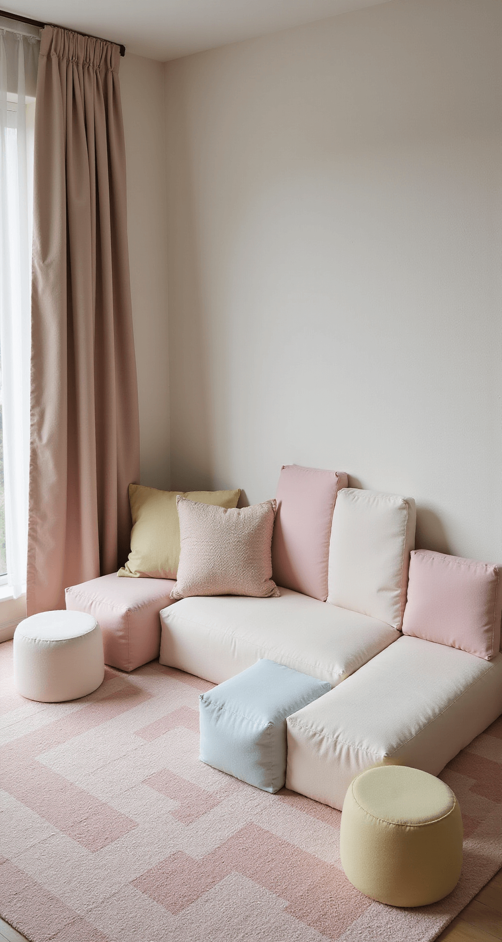 L-vormige speelhoek met modulaire opbergcubes in pasteltinten, EVA foam speelmat met geometrisch patroon, lage openbergrekken op kinderhoogte met canvas boxen, en educatieve wanddecoratie, gefotografeerd in middaglicht vanuit een breedhoek op vloerniveau.