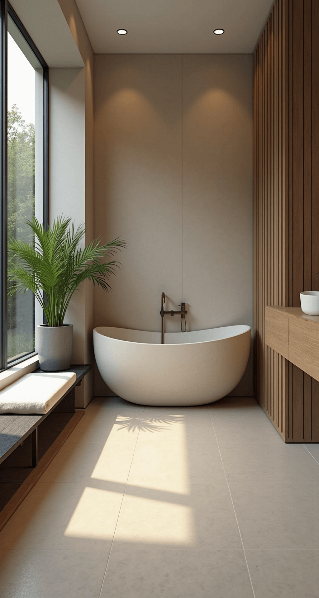 Japandi-stijl badkamer met inloopdouche, bronzen glaswand, gouden fittingen, crèmekleurige microcement, houten bankje, bamboe plantenbak, keramische waskom en zwart natuurstenen blad, weergegeven in ochtendlicht voor dramatisch effect.