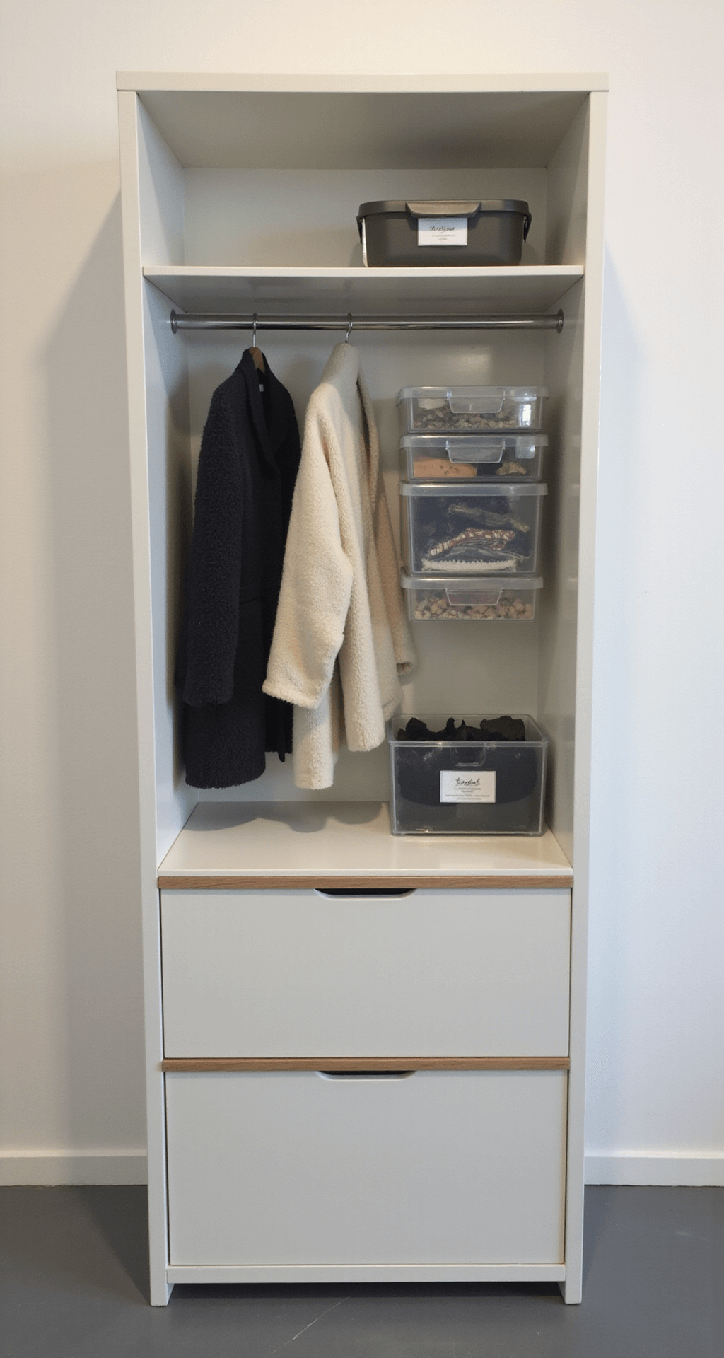 Garderobehoek van 2x3m met noordelijk daglicht, featuring een open kledingrek van wit metaal en houten details, transparante opbergboxen met seizoenskleding, en een ladekast met georganiseerde kleine items; detailopname van het organisatiesysteem met materialen zoals gepoedercoat metaal, helder acryl en zacht hout, en kalligrafische labels.