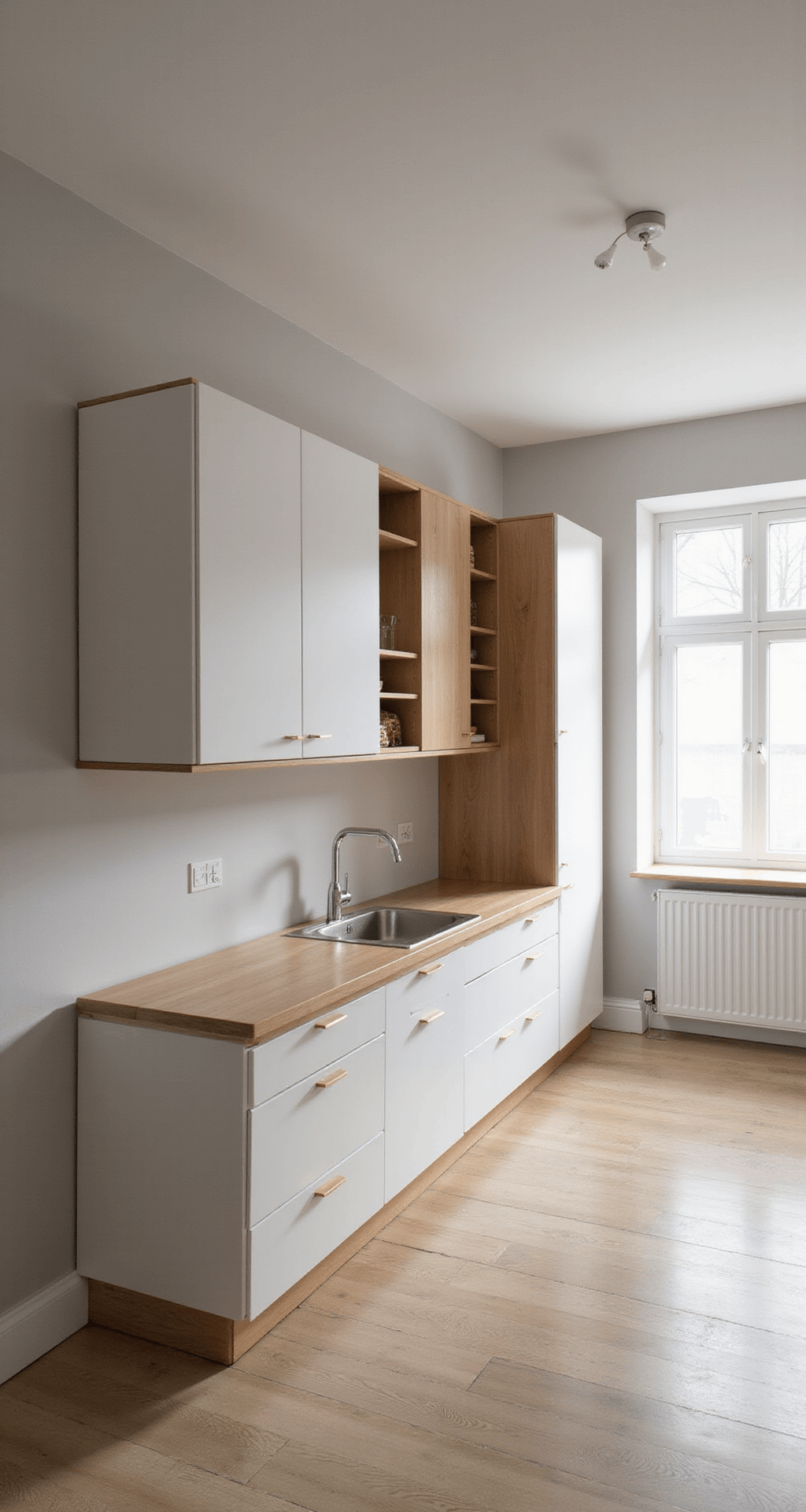 Multifunctionele omgeving in schemerlicht met Scandinavische meubels, een verrijdbare opbergtoren en een wandsysteem met verstelbare planken. Minimalistische styling met warme tinten en gebruik van FSC-hout, gerecycled plastic en natuurlijk textiel.