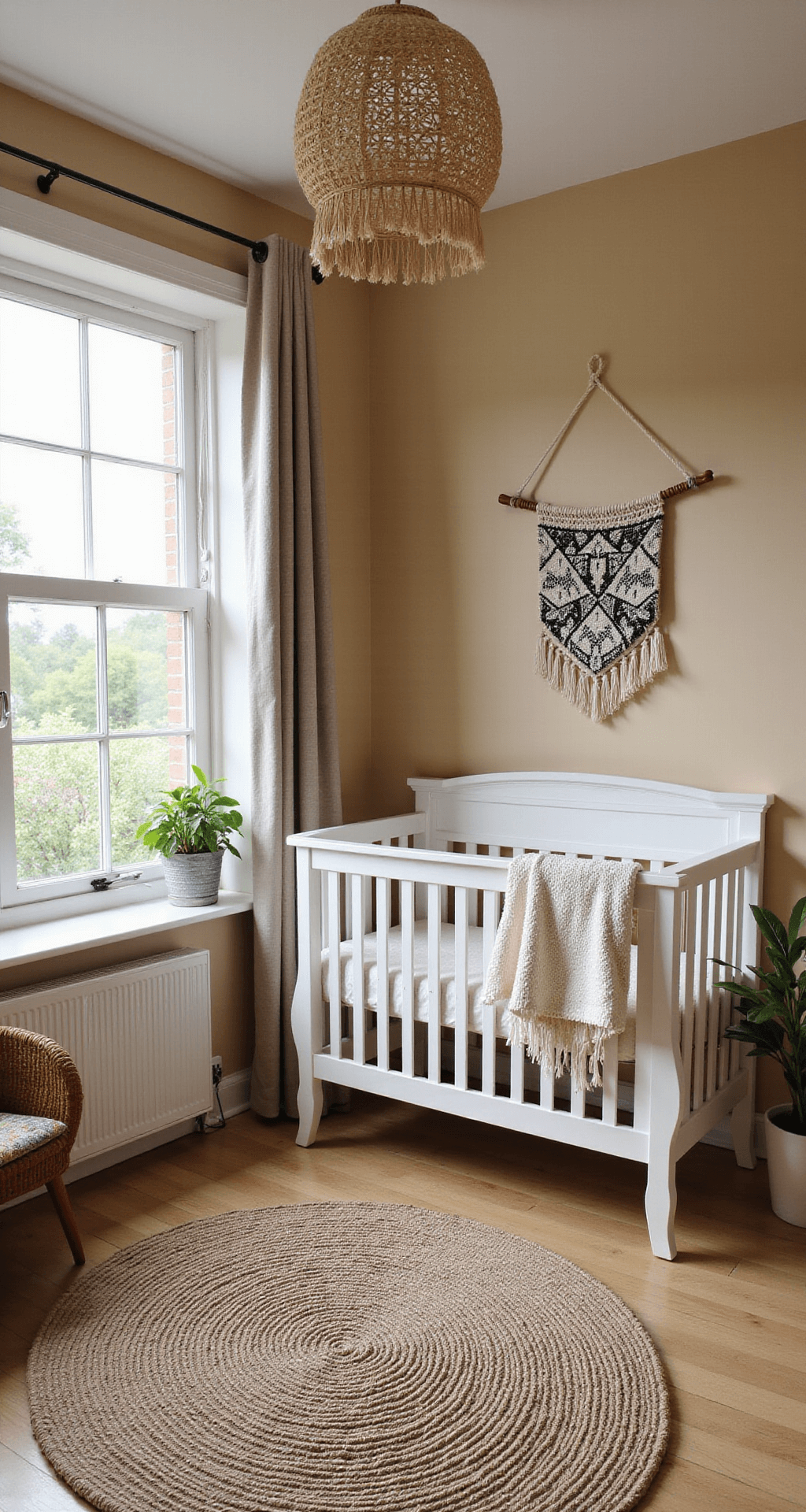 Ruime babykamer in okergele tinten met grote ramen, wit houten ledikant, bamboe vloer, en rotan schommelstoel, verlicht door zachte ochtendzon.