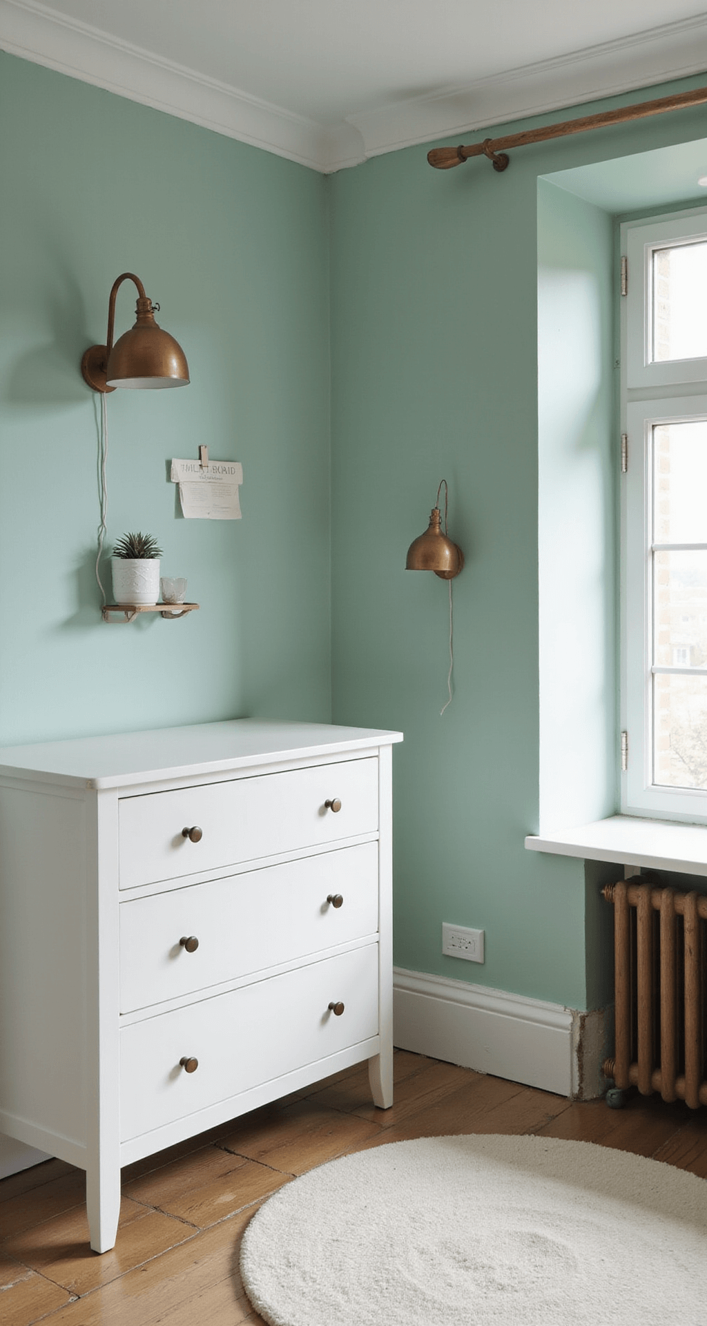 Compacte babykamer met zachte mintkleurige muren, een wit ledikant tegen een wand met handgeschilderde sterren. Licht eiken commode met koperen handgrepen, wolkenvormige wandlampen en een rond crème vloerkleed. Zwevende boekenplank met houten speelgoed, gefotografeerd vanuit een licht verhoogd standpunt in sereen, dromerig en minimalistisch licht.