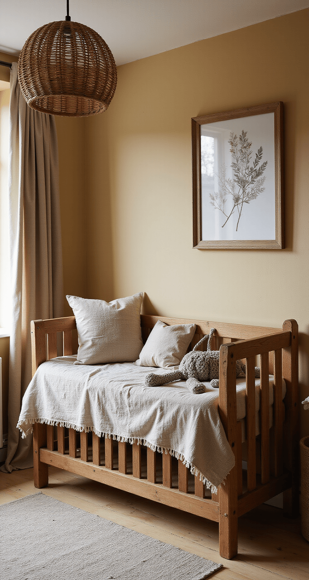 L-vormige babykamer in gouden avondlicht met warme beige muren, een vintage houten ledikant, botanische muurschildering met regenboog accenten, en een rotan speelhoek. De kamer heeft een industriële zwarte stellingkast, een hanglamp van gevlochten bamboe en is sfeervol belicht met dramatisch tegenlicht.