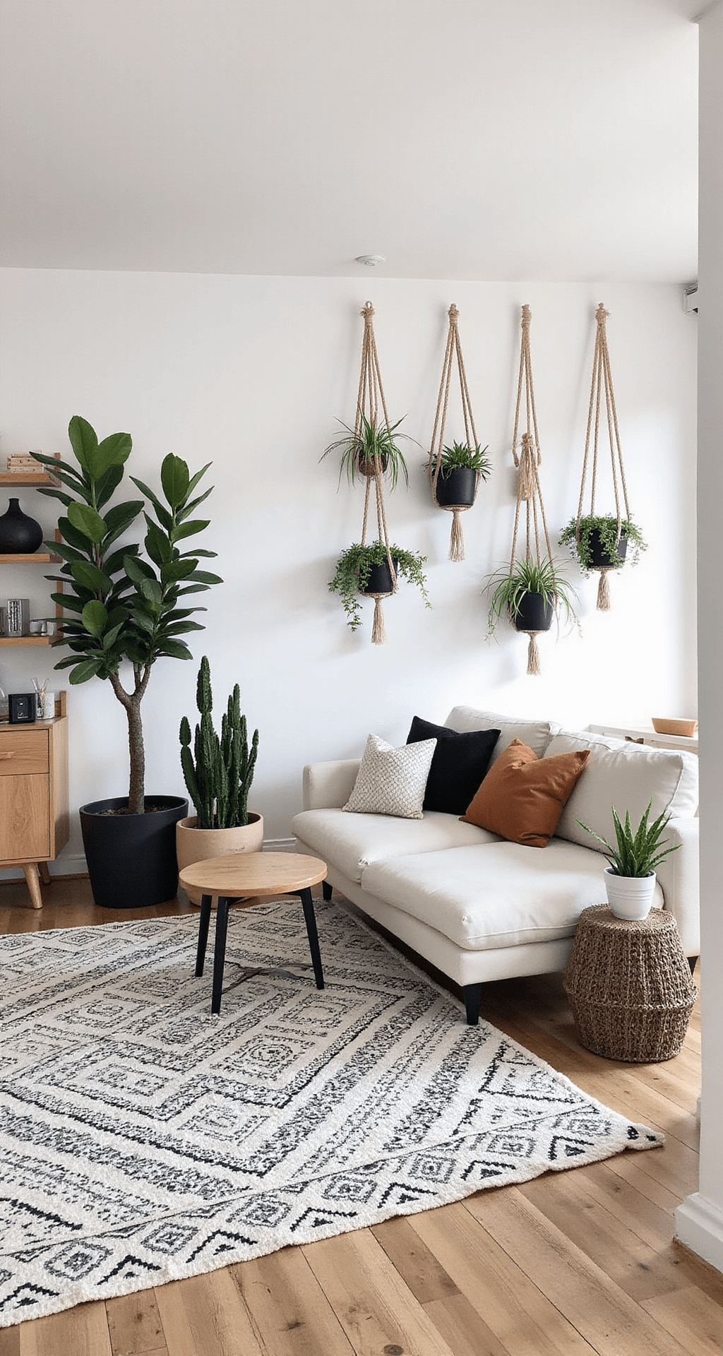 Moderne zolderkamer met dakramen, witte muren en zwarte geometrische accenten. Scandinavisch design ledikant van licht hout, zwart-wit tribal tapijt, modulaire opbergsystemen in natuurlijk en zwart. Hangplanten in macramé houders en een cognac leren designstoel. Laag standpunt met dakstructuren als compositie-element en strijklicht door de dakramen, waardoor een urban en verfijnde sfeer ontstaat.