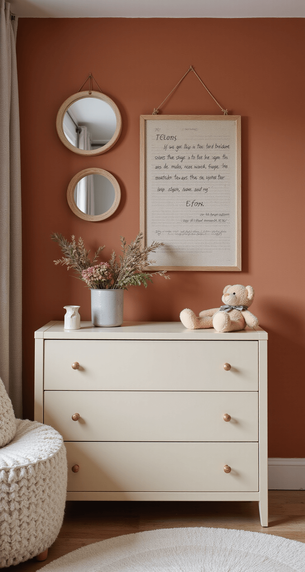 Intieme close-up van een knusse babykamer met zacht terracotta muren, een vintage crème metalen ledikant, handgemaakte mobiel met natuurelementen, ronde spiegels in verschillende formaten, een teddy stoffen zitzak en een houten letterbord met persoonlijke tekst, vastgelegd in warme, nostalgische sfeer.