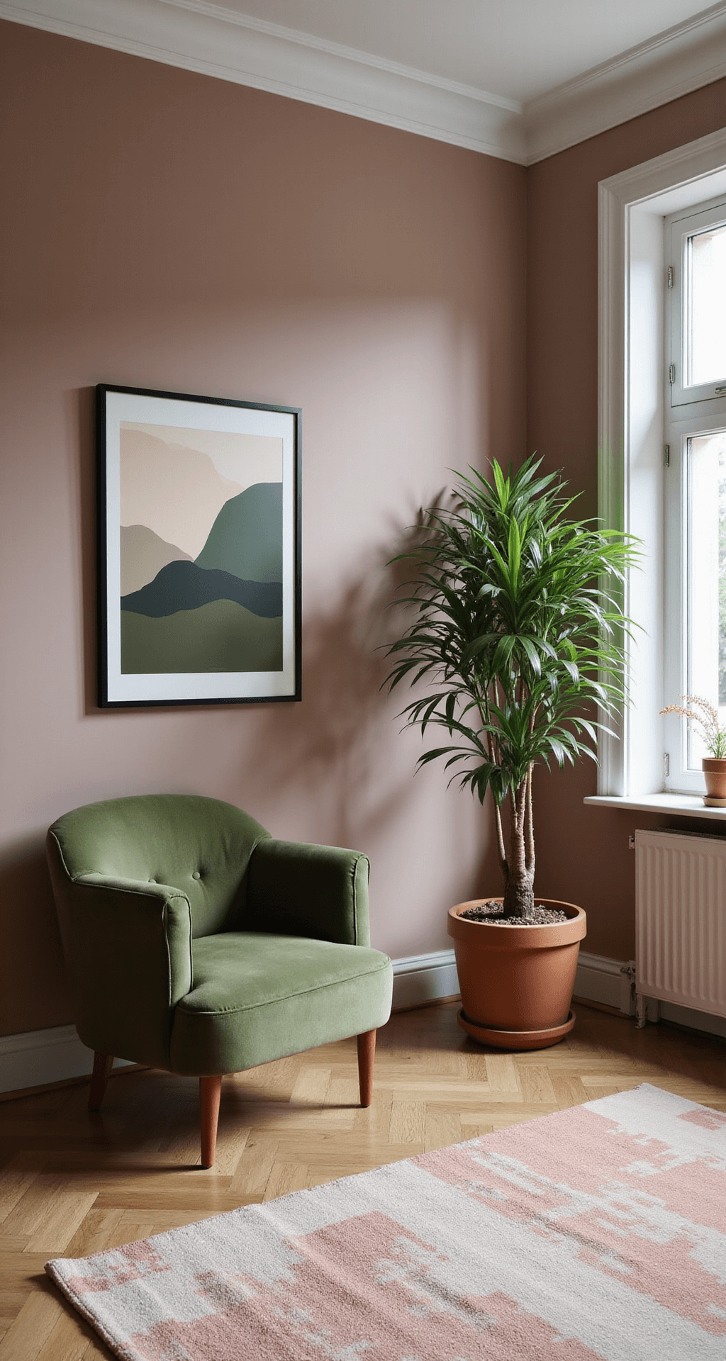 Ruime hoekbabykamer met een kleurverloop van zachtroze naar beige, modern zwart ledikant, grote palm in terracotta pot, zwevende planken met designaccessoires, mosgroene velvet fauteuil, en een abstract vloerkleed in pasteltinten, gefotografeerd in natuurlijk strijklicht vanuit een dynamisch diagonaal perspectief.